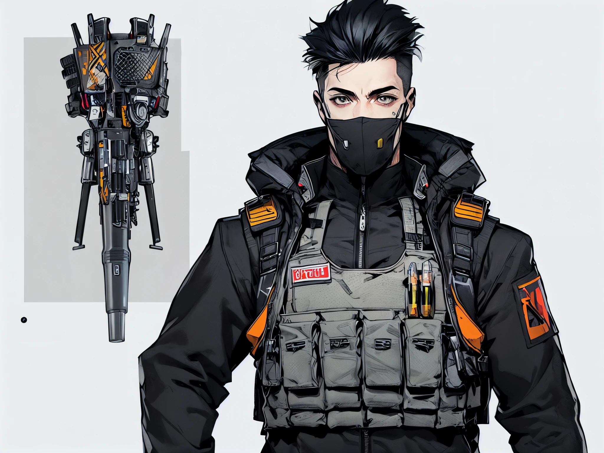 post-apocalypse, Doomsday wasteland style, concept art, character painting, 1boy, male focus, ((detailed hands)), detailed body, black hair, punk haircut, white background, bulletproof vest, holding, military vest, business suit, solo, standing, horror, science fiction, simple background, opened arms