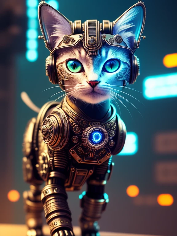 one cute metal kitten, cyborg, cyberpunk style, ((intricate details)), hdr, ((intricate detail, hyperdetail)), cinematic shot, vignette