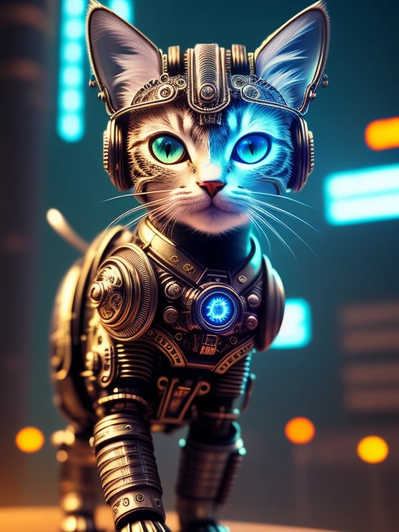 one cute metal kitten, cyborg, cyberpunk style, ((intricate details)), hdr, ((intricate detail, hyperdetail)), cinematic shot, vignette