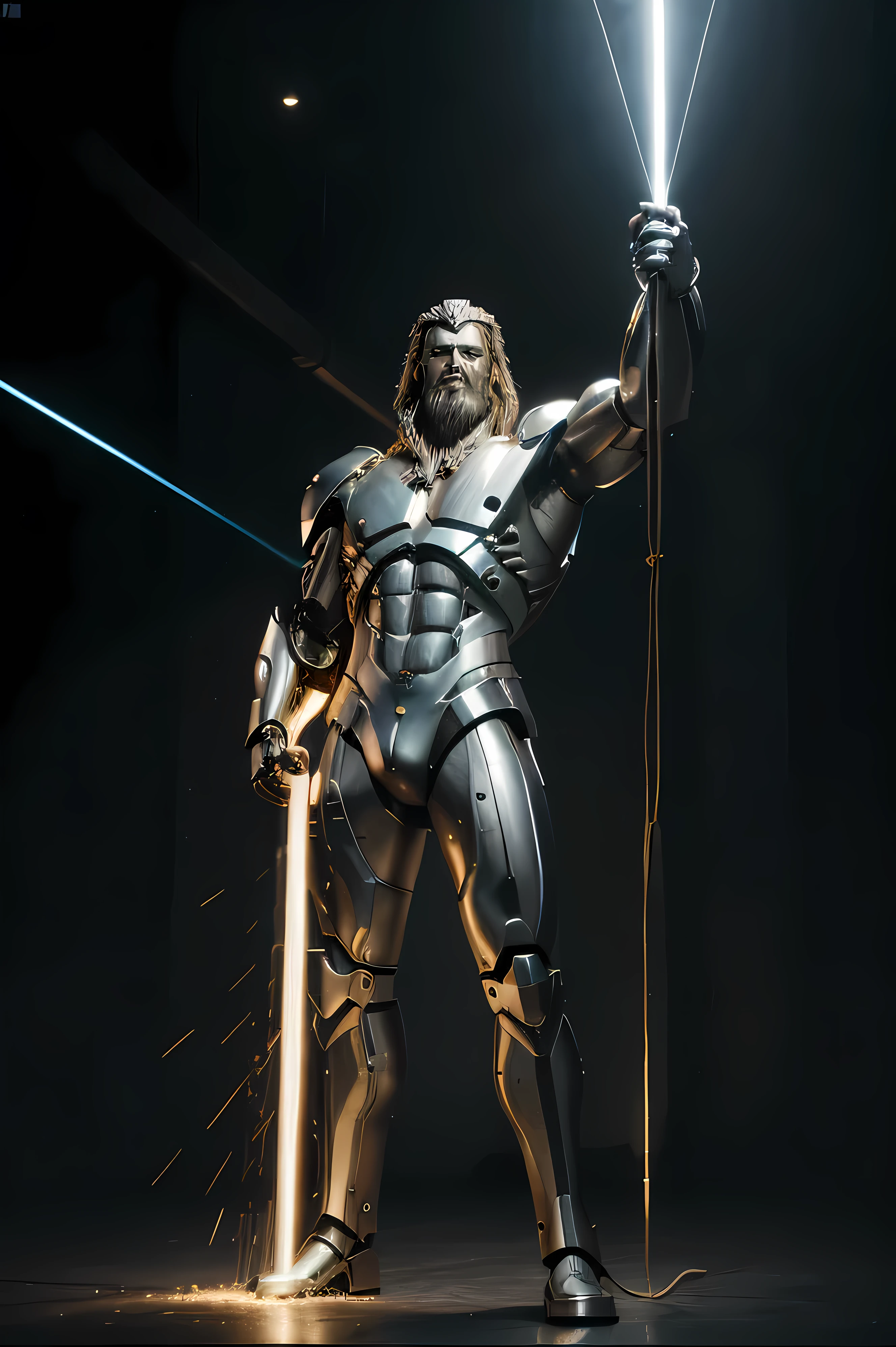 or favor, Produce a visual representation of Zeus, o deus grego, combining its classic appearance with robotic features. Ele deve ser retratado de corpo inteiro, com cabelos e barba compridos, envoltos em raios, while incorporating technological elements, like visible electrical cables. Furthermore, one of the arms must be transformed into a cannon and the other must emit a laser beam. Certifique-se de que a imagem transmita claramente a majestade e o poder de Zeus, keeping your identity recognizable and suitable for large-scale printing.