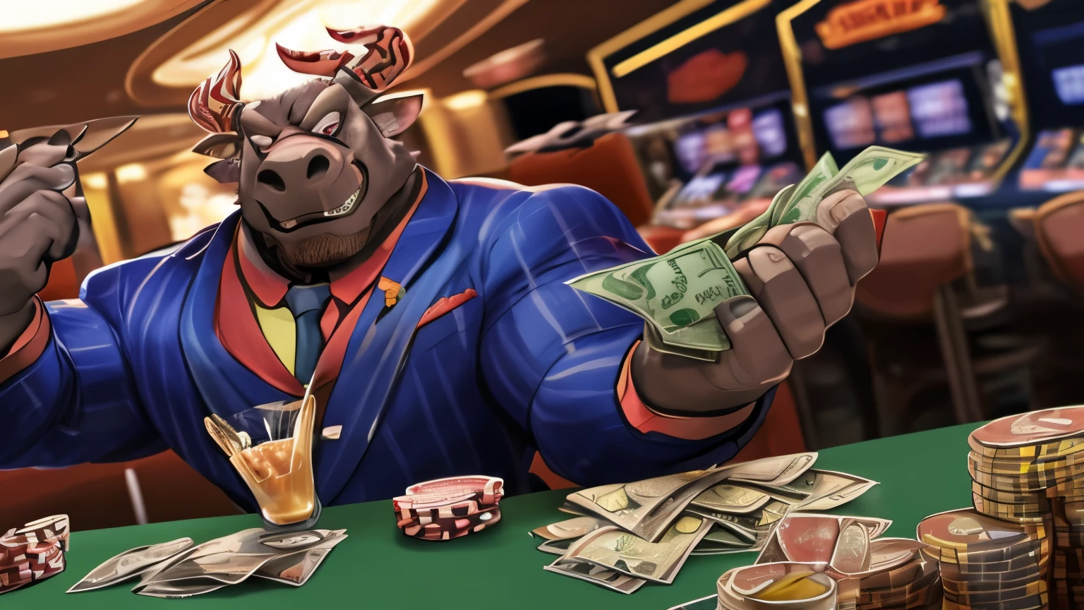 Create Evil All Street Bull
 big horns muscular man wearing blue suit with red tie, with many dollar bills flying around the casino, many chips scattered