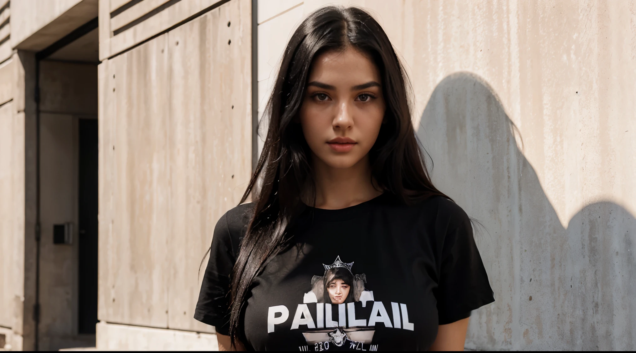 Young woman, (hyperrealism) black hair, whole height, Big breasts, thin waist, black panties, gray t-shirt, Brown eyes, symmetrical head, square hairstyle, detailed face, plump lips, Slavic appearance, bright skin