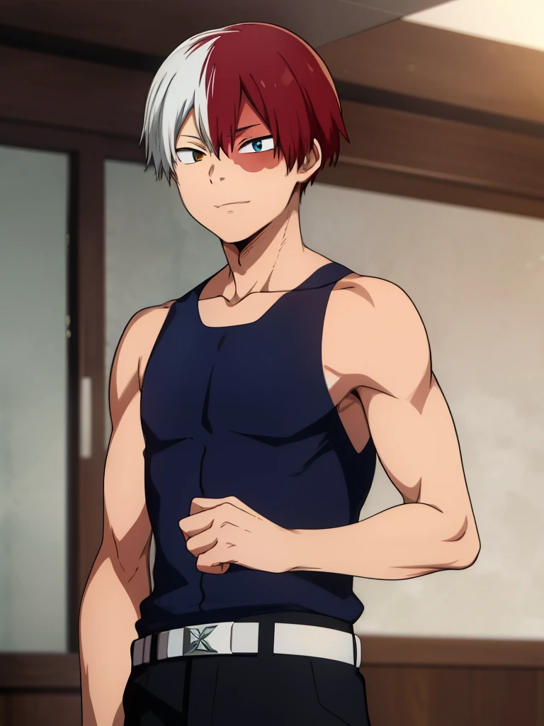 Highres, Masterpiece, Best quality at best,High-quality illustrations, Best Quality,hight quality, horikoshi kouhei, 1boy, Boy, Young boy, Todoroki shouto, bangs, blue eyes, blurry, Blurry background, boku no hero academia, burn scar, closed mouth, Tank top, Slim body, Belt, gugugunogu, heterochromia, multicolored hair, red hair, scar, scar on face, smile, solo, white hair, yellow eyes