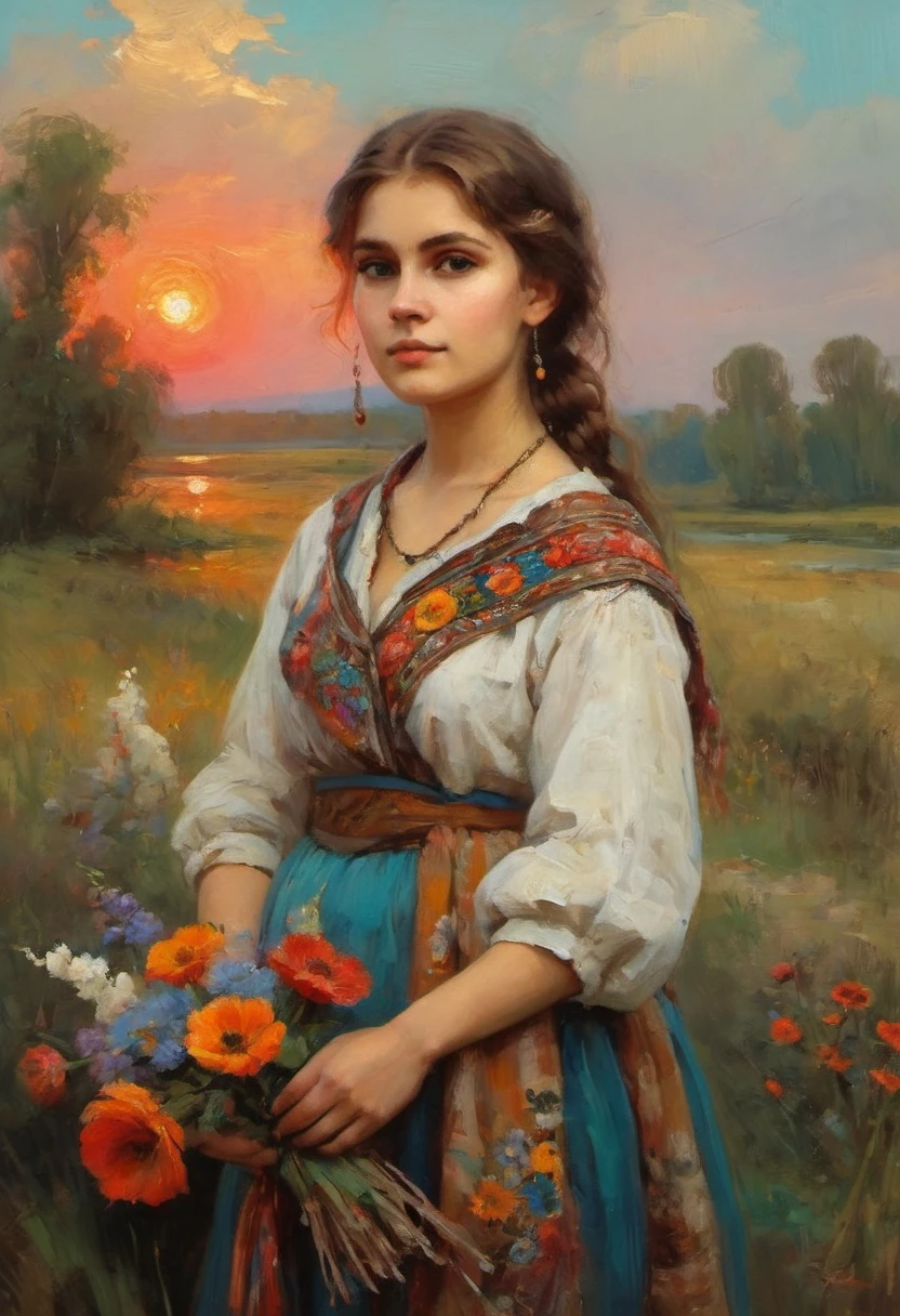 a young Russian girl, against the background of a scarlet sunset, complex detailing, aged canvas, "the girl by the white birch" (in the style of Konstantin Makovsky, depicted in oil on canvas),
depicts a beautiful girl with brown hair in a scarf, dressed in a top and maxi skirt with patterns and knitting, a birch branch with silk multicolored ribbons((background: high bank of the white birch river in cheerful colors,
stunning, highly detailed, 8k, ornate, intricate, vintage, dehydrated, atmospheric, scuff gradient,
(oil painting: 0.75), (splash: 0.75), (turquoise: 0.2), (orange: 0.2), (pink:0.33), 
 (Jeremy Mann: 0.5), (John Constable: 0.1),
((El Greco: 0.5),(acrylic paint: 0.75), 8k (())e