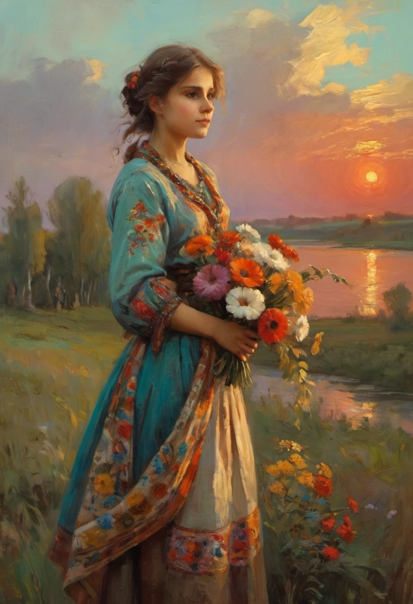 a young Russian girl, against the background of a scarlet sunset, complex detailing, aged canvas, "girl with flowers" (in the style of Konstantin Makovsky, depicted in oil on canvas),
a beautiful girl with brown hair in a scarf, holding a bouquet of multicolored flowers in her hands, dressed in a top and maxi skirt with patterns and calico, ((background: high bank of the white birch river in cheerful colors,
stunning, highly detailed, 8k, ornate, intricate, vintage, dehydrated, atmospheric, scuff gradient,
(oil painting: 0.75), (splash: 0.75), (turquoise: 0.2), (orange: 0.2), (pink:0.33), 
 (Jeremy Mann: 0.5), (John Constable: 0.1),
((El Greco: 0.5),(acrylic paint: 0.75), 8k (())