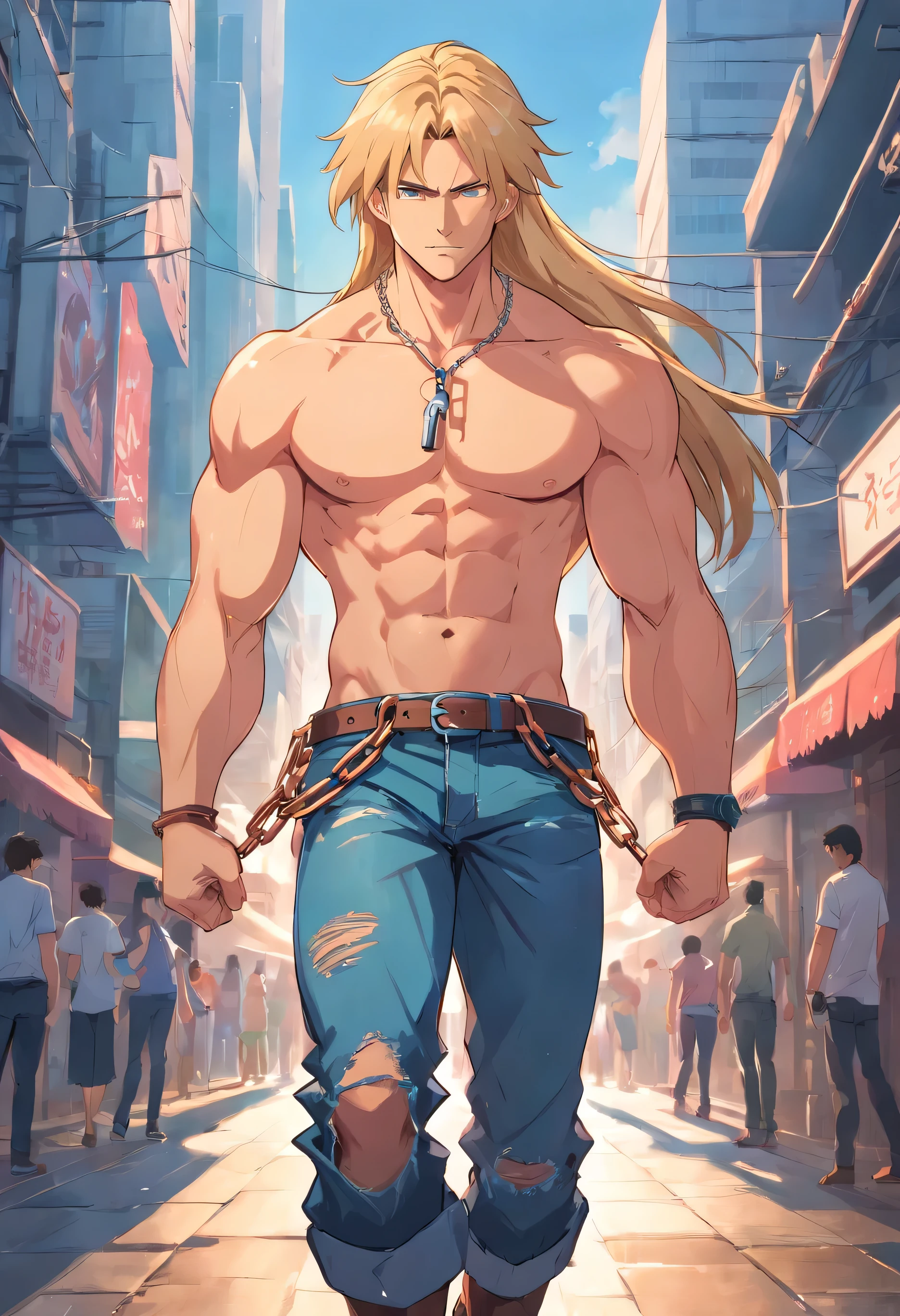 Berserker man with long hair, no beard, blond, very muscular, no t-shirt, jeans with chains, high ankle boots, medium tanned skin, some scars on his chest