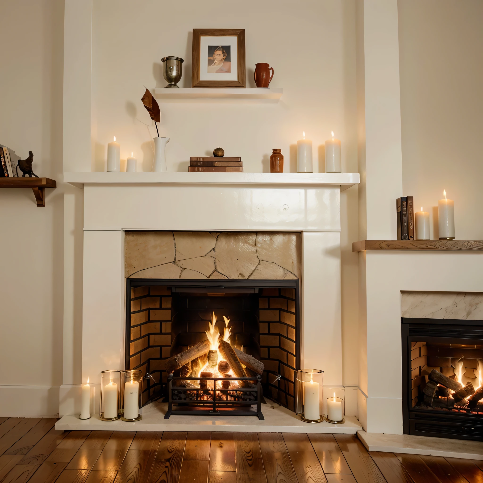Close up view of a fireplace, white wall, and wooden shelf. The top of the fireplace features a wooden shelf with a leather book in the middle and two candles on each side. The fireplace emits a warm glow, casting a soft light on the surrounding area. The flames flicker and dance, creating a cozy and inviting atmosphere. The white wall above the fireplace provides a clean backdrop, highlighting the rustic charm of the wooden shelf and the warmth of the fire. The leather book on the shelf adds a touch of sophistication and intelligence to the scene. The candles on each side of the book enhance the ambience with their soft, flickering light. The colors in the image are rich and vibrant, with deep reds and golden hues dominating the palette. The overall composition is carefully balanced, with the fireplace and shelf centered in the frame, creating a sense of harmony and visual interest. The details in the image are highly realistic and detailed, allowing viewers to appreciate the texture of the wood, the softness of the leather, and the delicate flames of the candles. The lighting in the scene is warm and soft, creating a welcoming and intimate atmosphere. The combination of the fireplace, white wall, wooden shelf, leather book, and candles provides a perfect blend of comfort, elegance, and coziness, making it an ideal setting for relaxation and reflection.