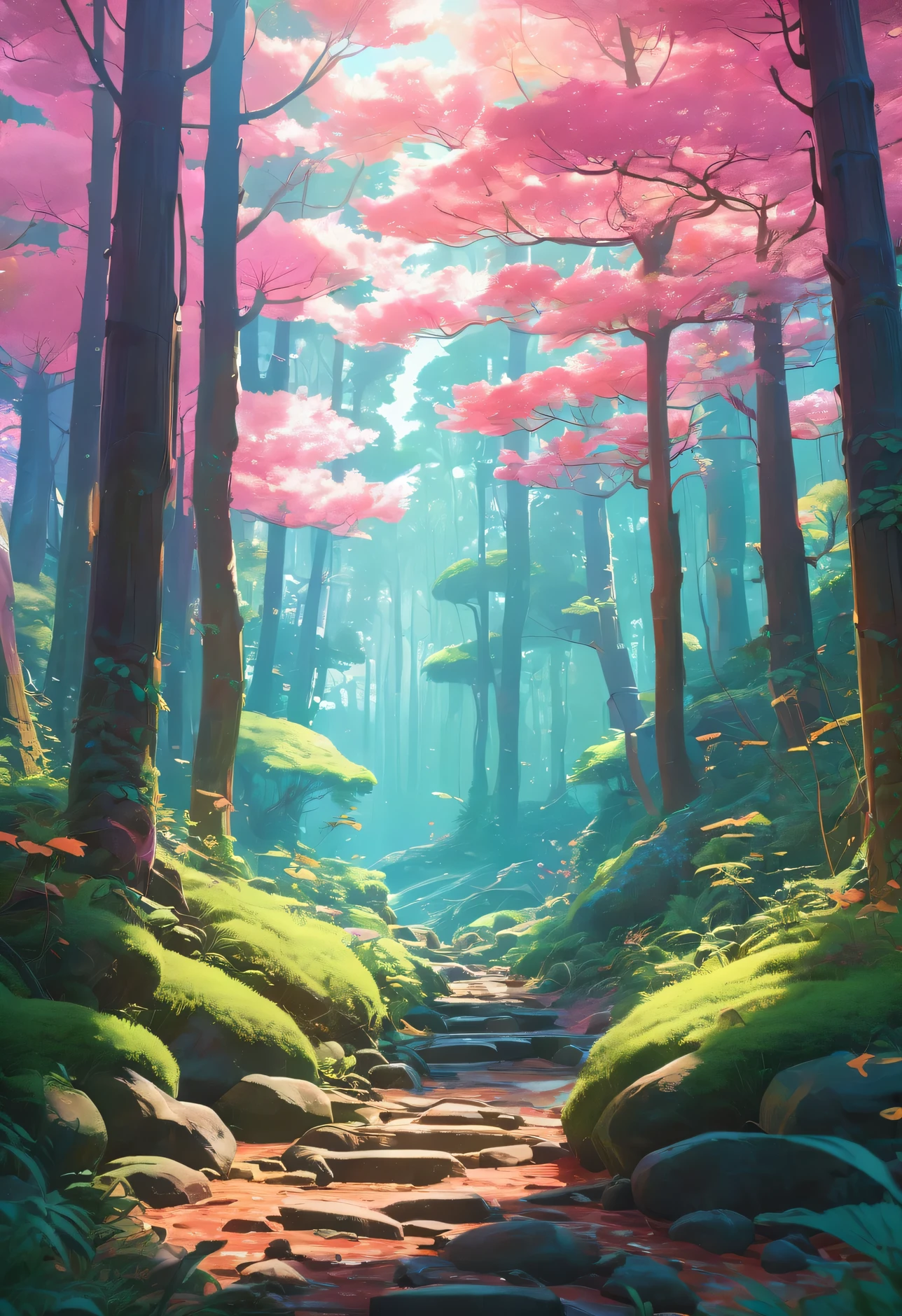 an ancient forest, Presented with digital painting techniques that are extremely delicate and high quality., reaching 8K resolution. The artwork has attracted a lot of attention on the ArtStation website due to its sharp focus., ricos cambios de luz, and a very complex central composition rich in details. Inspirado en artistas como Lois van Baarle (loico), Iliá Kuvshinov, y Estudio Ghibli, The website style features a chibi kawaii aesthetic with soft, watercolor-like color tones..