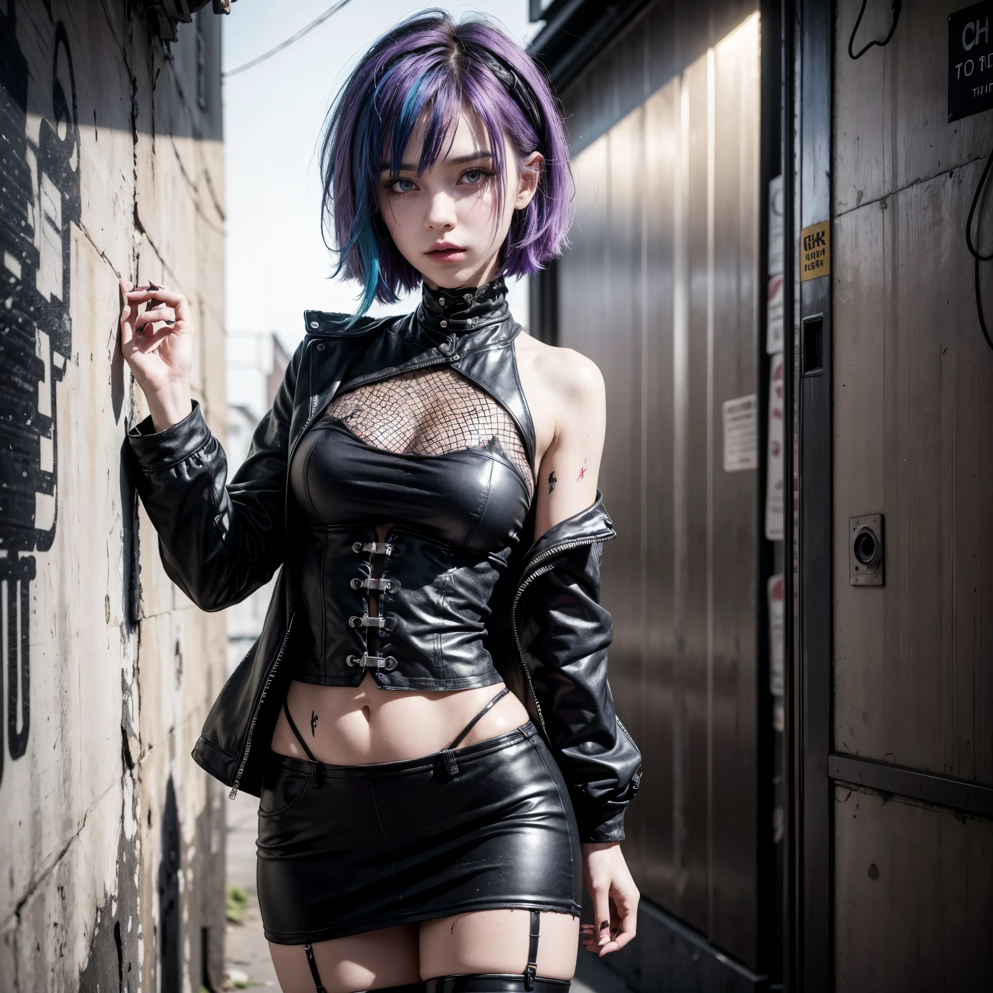 create a character sheet for Eulália Draha, a piscopath with a half-punk, half-cute style, 16 years old, fair skin, short platinum hair and lilac highlights, blue and gray eyes, short-sleeved shirt with the belly showing dark wine color, jacket in black leather, teddy bear hair clip, dark denim shorts with a torn teddy bear hanging on the side of the shorts and mid-calf boots, with emphasis on the teddy bear hanging from the belt of the shorts, with her completely straight in front, with her 2 arms open and legs open, which shows her completely from head to boots and also an image with her sideways in the same position for a chatter sheet with several poses, with no background just the character, and her denuded teddy bear, with The most important thing is to be a complete character sheet style anime