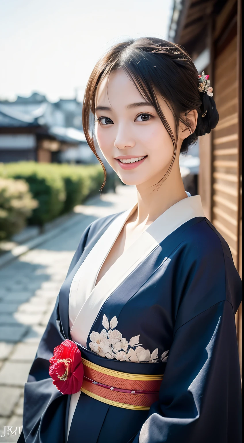 Professional Lighting,(Photorealsitic:1.4), (Top image quality:1.0), (超A high resolution:1.0), 8K, Raw photography, (masterpiece:0.2), (pureerosface_v1:0.5)、(Best Quality Detail:1.2)、realisitic、8K UHD、hight resolution、(1girl in:1.2)、The ultra-detailliert、High quality textures、intricate detailes、detaileds、Very detailed CG、High quality shadows、Detail Beautiful delicate face、Detail Beautiful delicate eyes、(Symmetrical eyes:1.2),depth of fields、Ray traching,1girl in, japanaese girl, (Natural smile:1.4),Cute, slender, Portrait of a beautiful Japan woman in kimono, Standing in an elegant posture on a street corner in Kyoto. The kimono is vivid with traditional patterns, Hair decorated with elegant and delicate kanzashi, and a gentle expression. (Kyoto's old cityscape in the background:1.4)、Soft light on a spring afternoon、Adds tranquility to the scene. Render in a realistic style with meticulous attention to detail, high resolution images.skyporn, Magic Hour, (Realistic:1.3), Finely detailed, quality, (masutepiece:1.2), (Photorealistic:1.2), (Best Quality), (Intricate details), Dramatic, Ray tracing, photograph, +Lola, Ayane Yuzuru