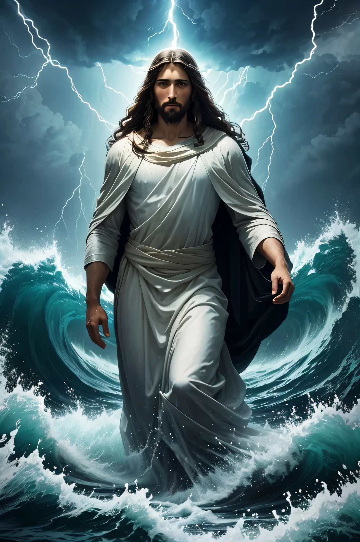 Jesus Christ, serene face shining in glory, walking at night under the waters of the raging sea in a storm with lightning, thunder and lots of rain