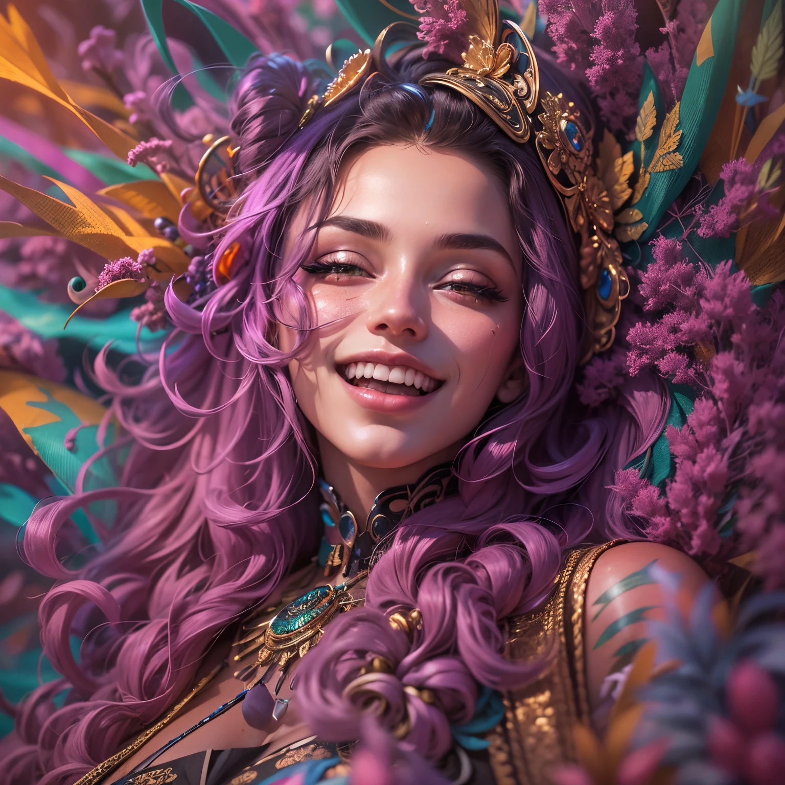 Top quality, masterpiece, super high resolution, ((Photorealistic: 1.4), raw photo, 1 beautiful girl buried in cannabis, ((portrait)), shiny skin, (super realistic details)), Cannabis and cocaine covering limbs, drug education. Beautiful woman with tongue sticking out, a piece of paper with a smiling emoji on her tongue ((LSD)), cannabis attached to her neck, psychedelic background connected to her head, octane rendering, 8K, super sharp, metal, Intricate psychedelic details, very intricate details, realistic light, facing the camera, psychedelic details,