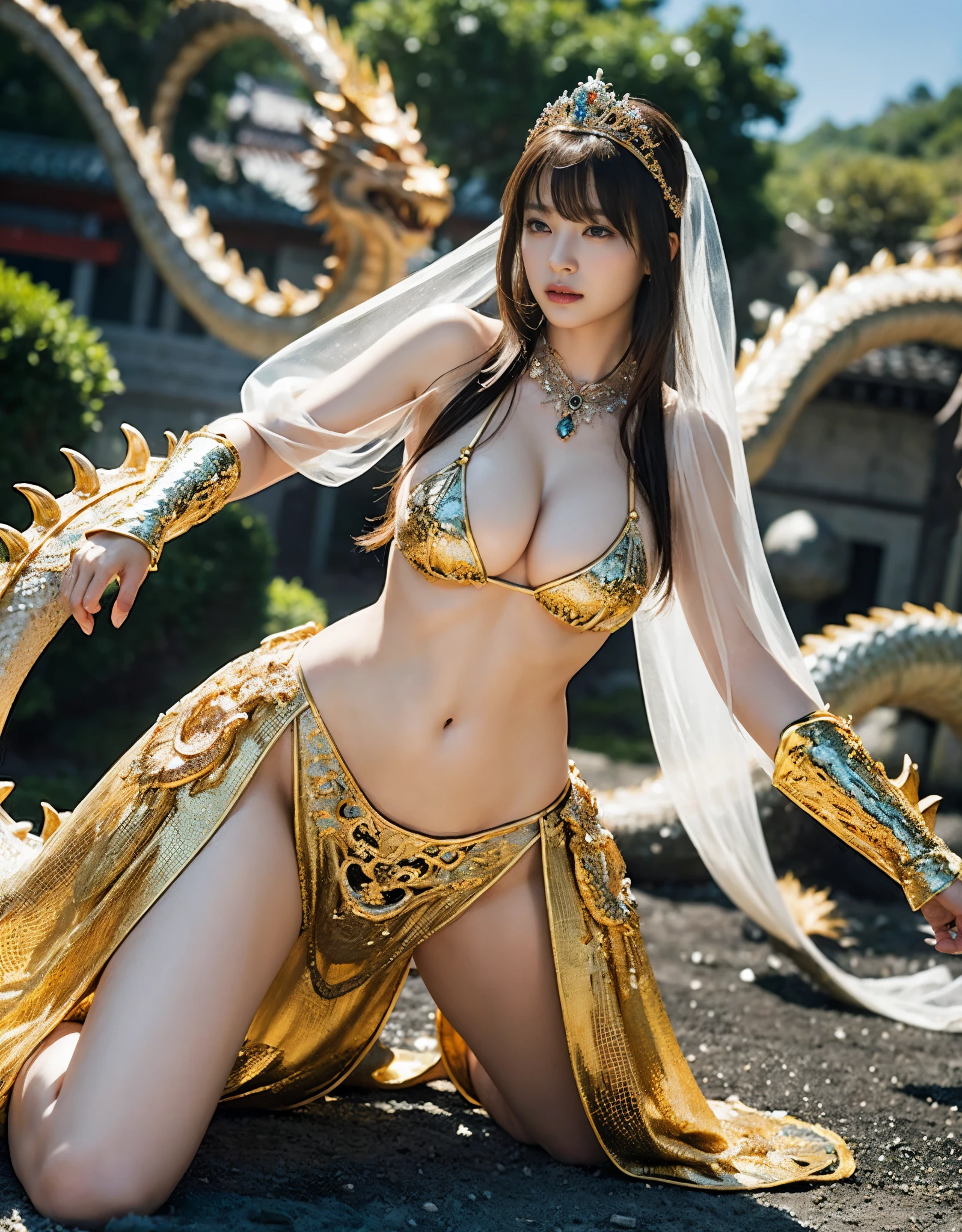 (heavy chest)、highest quality、masterpiece、超A high resolution、（white ragon armor）、(((Huge tits))),dragon armor、(((detailed micro bikini))),(wears a beautiful crown made of precious stones),(Photoreal:1.4)、Raw photo、1 girl、(((random hair))、(((take various poses)))、glowing skin、(((chinese dragon)))、intricate and gorgeous hair ornaments、（Looks like a gorgeous jewelry necklace）、（full body angle）、（fight a big dragon）、with a beautiful knife、（Metal Bikini Background))),、(drop down)、ancient ruins cliff)、((Ultra realistic details))、Portrait、global illumination、（sexy pose）、Shadow、octane rendering、、8K、super sharp、Huge 、Raw skin exposed in the cleavage、Metal、intricate decorative details、Japan details、very intricate details、realistic light、CG Society Trenlow Eyes、Eyes shining towards the camera、two stock、（full body angle）、（veil）、