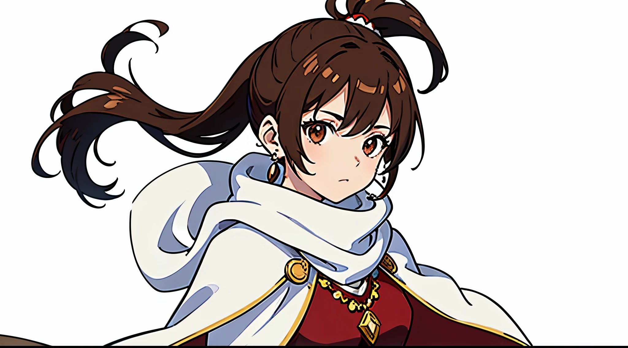 (masterpiece, best quality:1.2,pure white background,2d,anime style), 1girl, solo,porom \(final fantasy\),brown eyes,brown hair,ponytail,hair bobbles,scarf,necklace,cape,earrings,red and white vertical pattern clothes