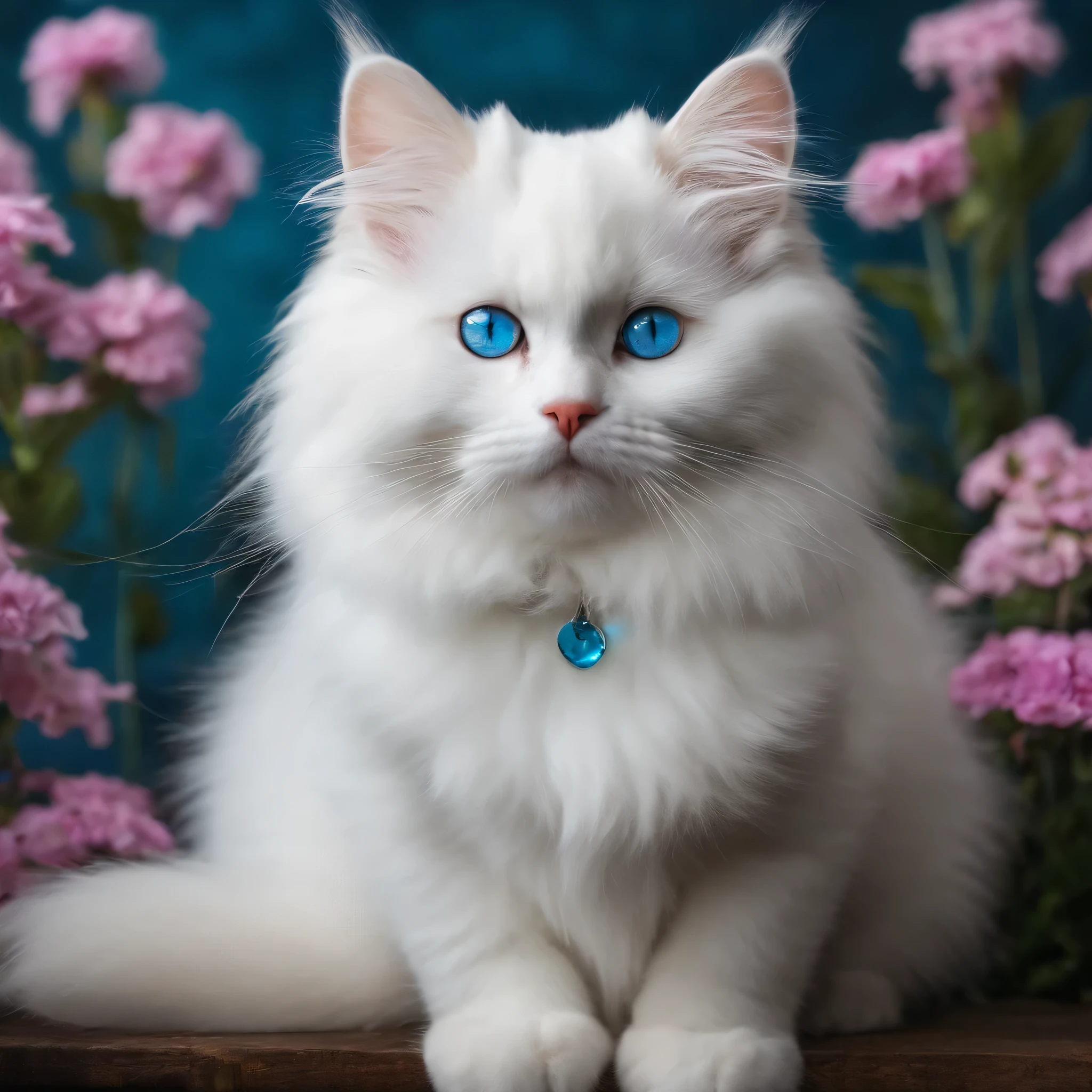 White cute fluffy cat with blue eyes