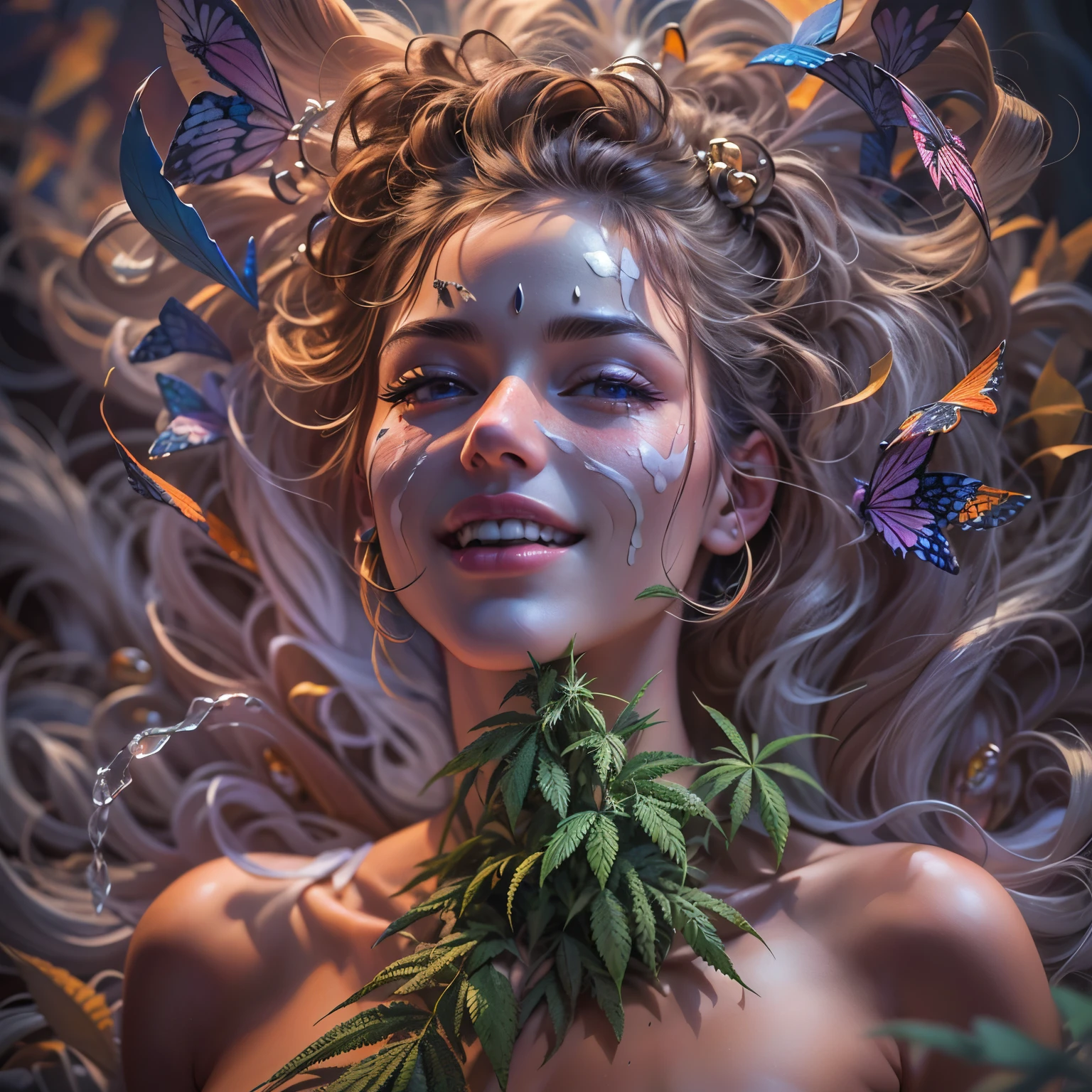 Top quality, masterpiece, super high resolution, ((Photorealistic: 1.4), raw photo, 1 beautiful girl buried in cannabis, ((portrait)), shiny skin, (super realistic details)), Cannabis and cocaine covering limbs, drug education. Beautiful woman with tongue sticking out, a piece of paper with a smiling emoji on her tongue ((LSD)), cannabis attached to her neck, psychedelic background connected to her head, octane rendering, 8K, super sharp, metal, Intricate psychedelic details, very intricate details, realistic light, facing the camera, psychedelic details,