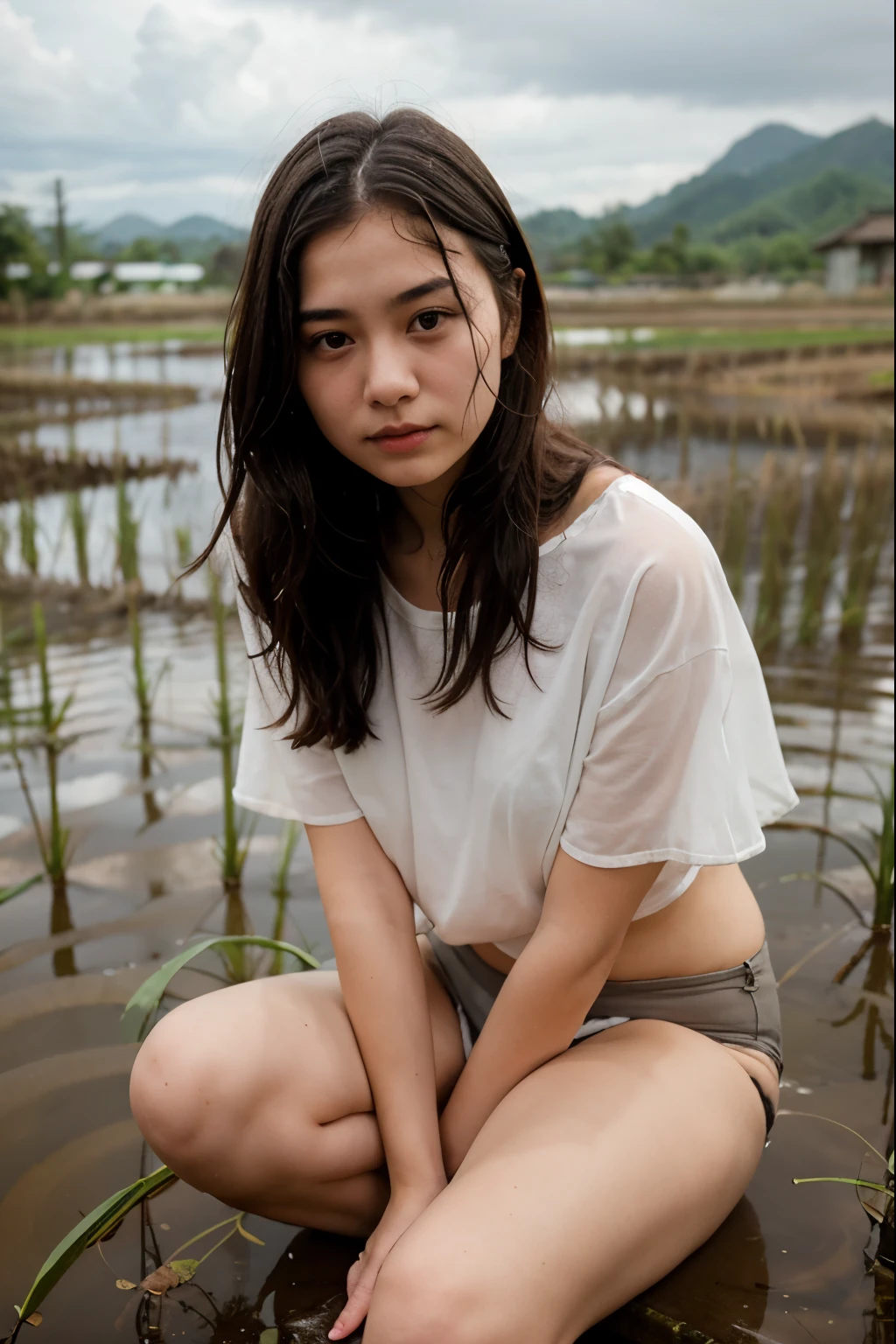 young girl, 20 years old, sitting, with grandfather, in the rice fields, caught in the rain,