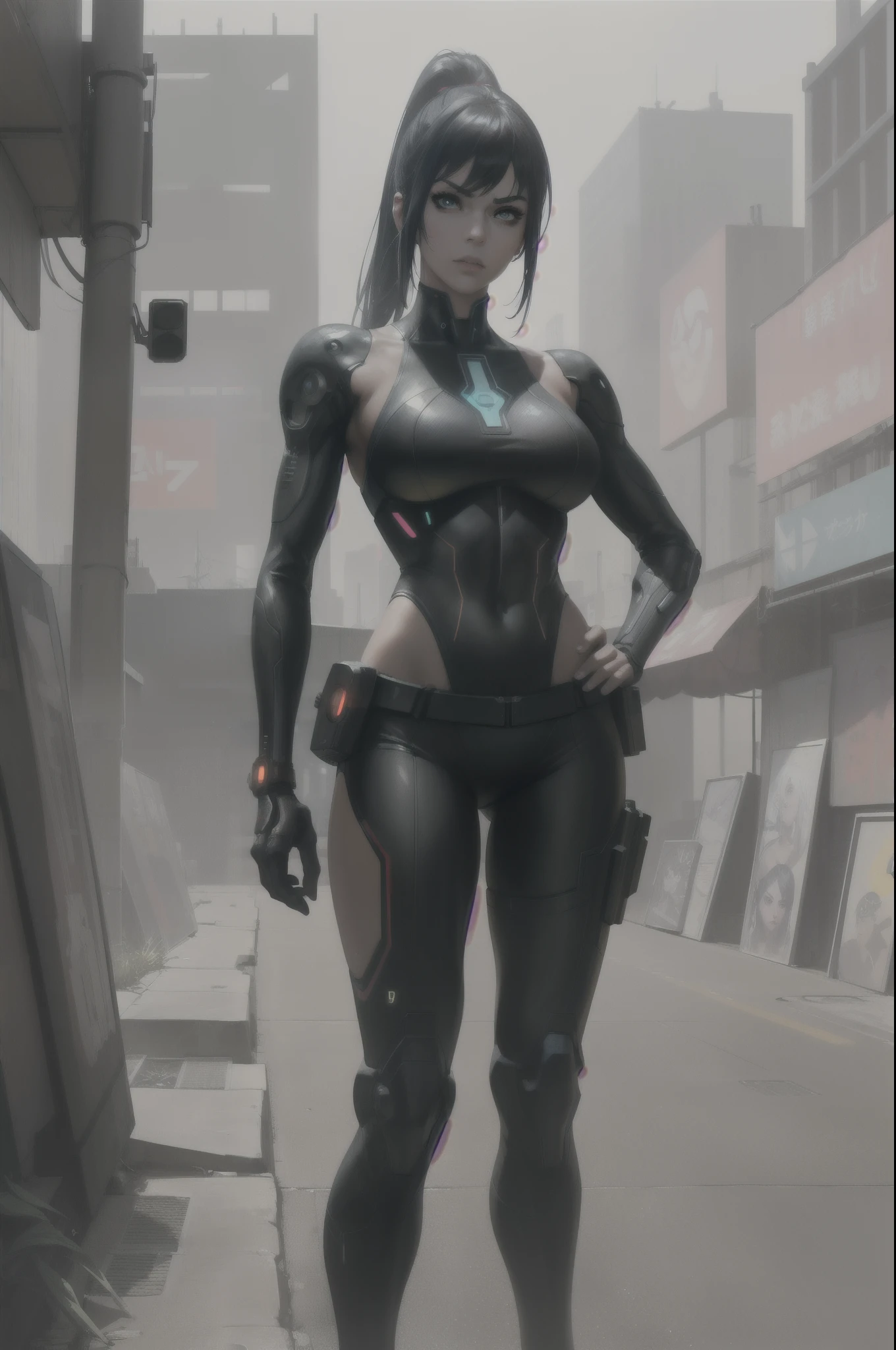 ((masterpiece, best quality, 8k)), (detailed background), 1girls，Female CYBERPUNK Warrior，Delicate and beautiful face, detailed face, beautiful face, delicate face, expressive eyes，Blue pupils，The lips open slightly, BLACK HAIR，High ponytail，Busty ，Convex buttocks，Dressed in a Mega Corp Suit, Arasaka Suit, Suit and Tie，High-tech combat pose，Armed with a katan, , body perfectly proportioned，Samus Aran, Lucy, Cyberpunk 2077,  Detailed suit and tie, mega-corp suit clothing details，City station，Urban battlefield，High-tech scene，detailed backgorund，high quailty，master-piece, 8K, Guweiz Style, realistic city background, cyberpunk city background, cyberpunk city, cyberpunk background