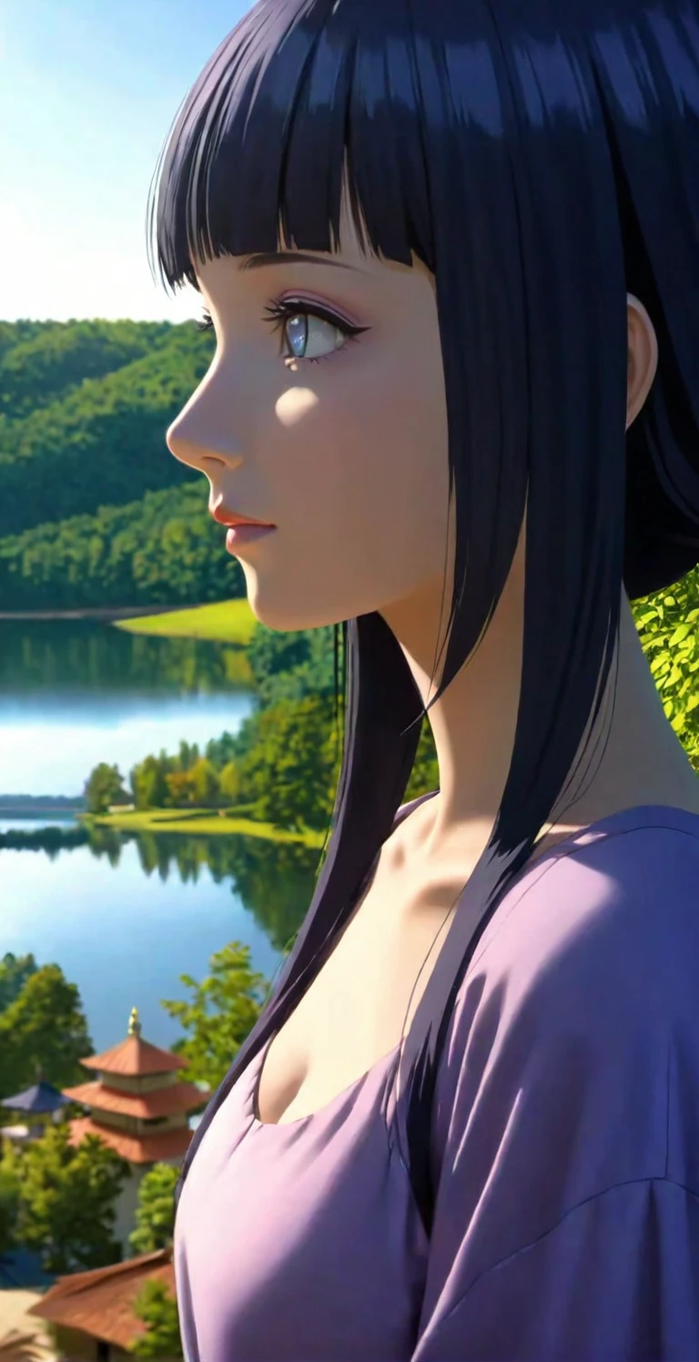 close-up from side, (adult-Hinata) walk next to lake, [enchanting, surreal, studio lighting, HDR, UHD, K]