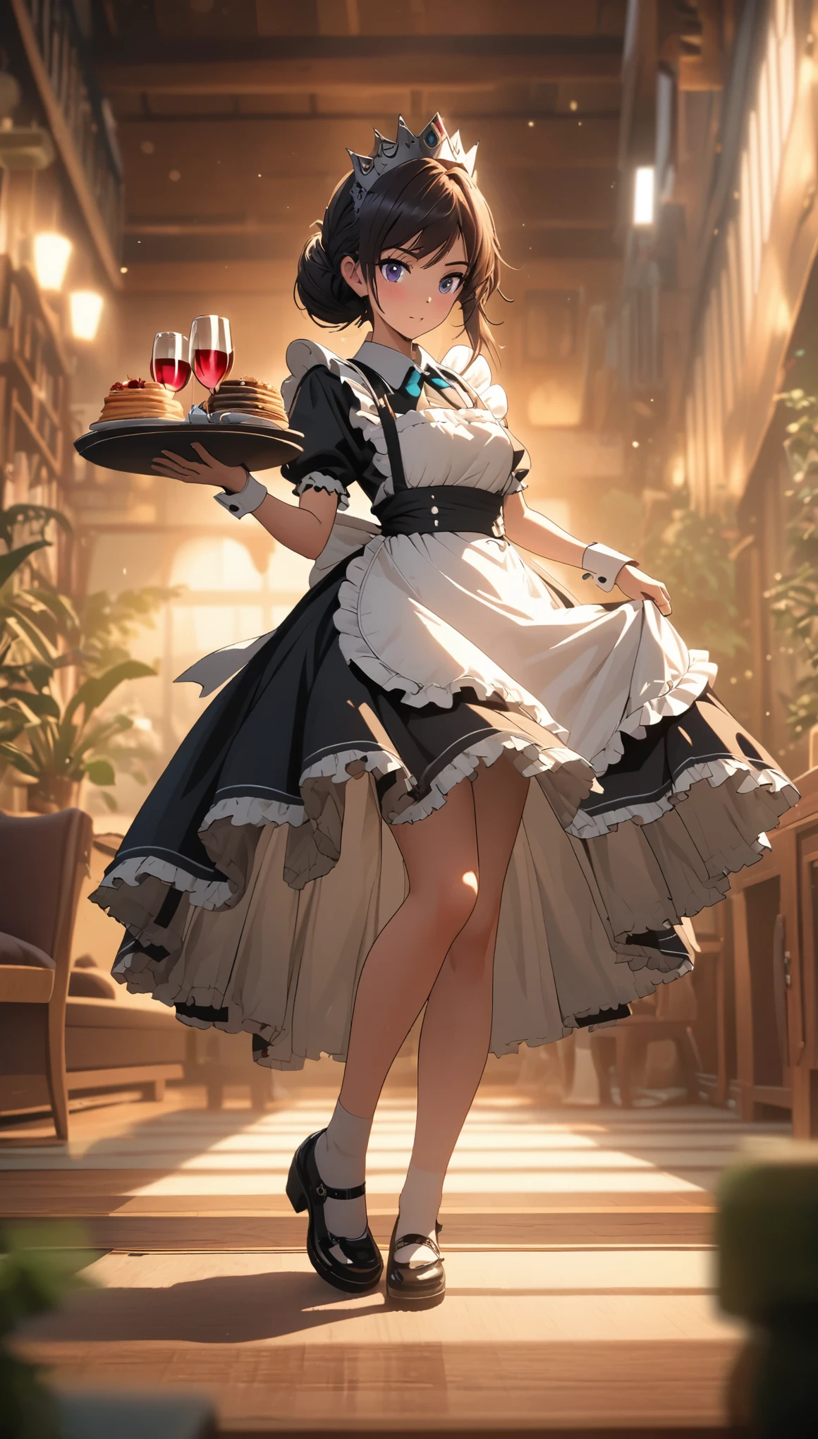 living room，25 year old beautiful maid，maid outfit，maid crown，Low-heeled leather shoes，bun，whole body perspective，Carrying plates，wine，rich and colorful，Japanese manga artist Tsukasa Hojo&#39;style，depth of field，Overclocked renderer，movie lighting，Ultra-fine，super detailed，complicated，cinematic perspective，CG art，