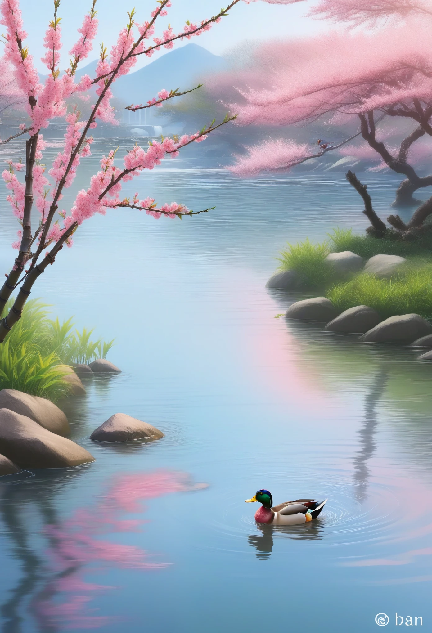There are some peach blossoms and bamboos in the spring river. The peach blossoms are in full bloom, the graceful pink is swaying at the water's edge, and the water of the Spring River is warm and serene. A smart duck swims in the water, as if it can predict the arrival of spring,