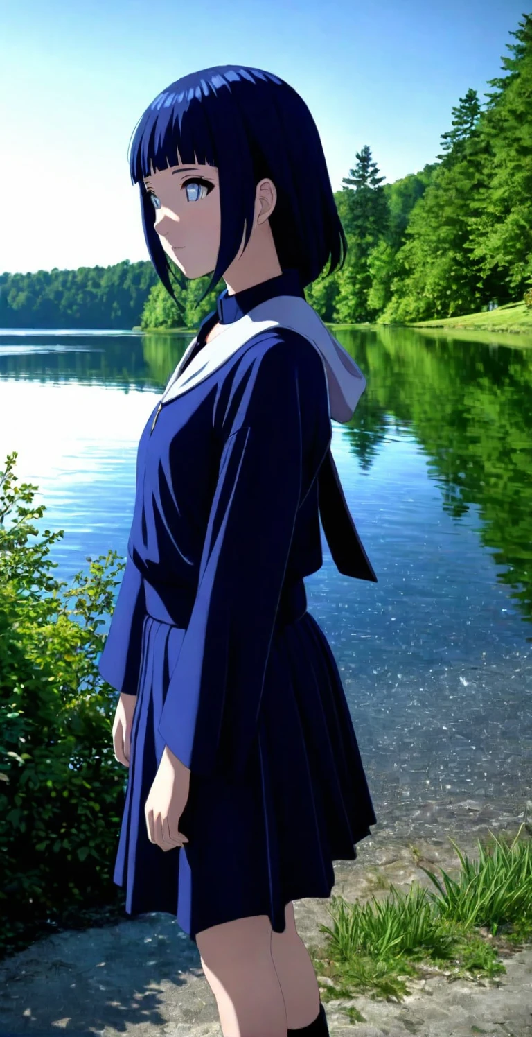 close-up from side, (teen-Hinata) walk next to lake, [enchanting, surreal, studio lighting, HDR, UHD, K]