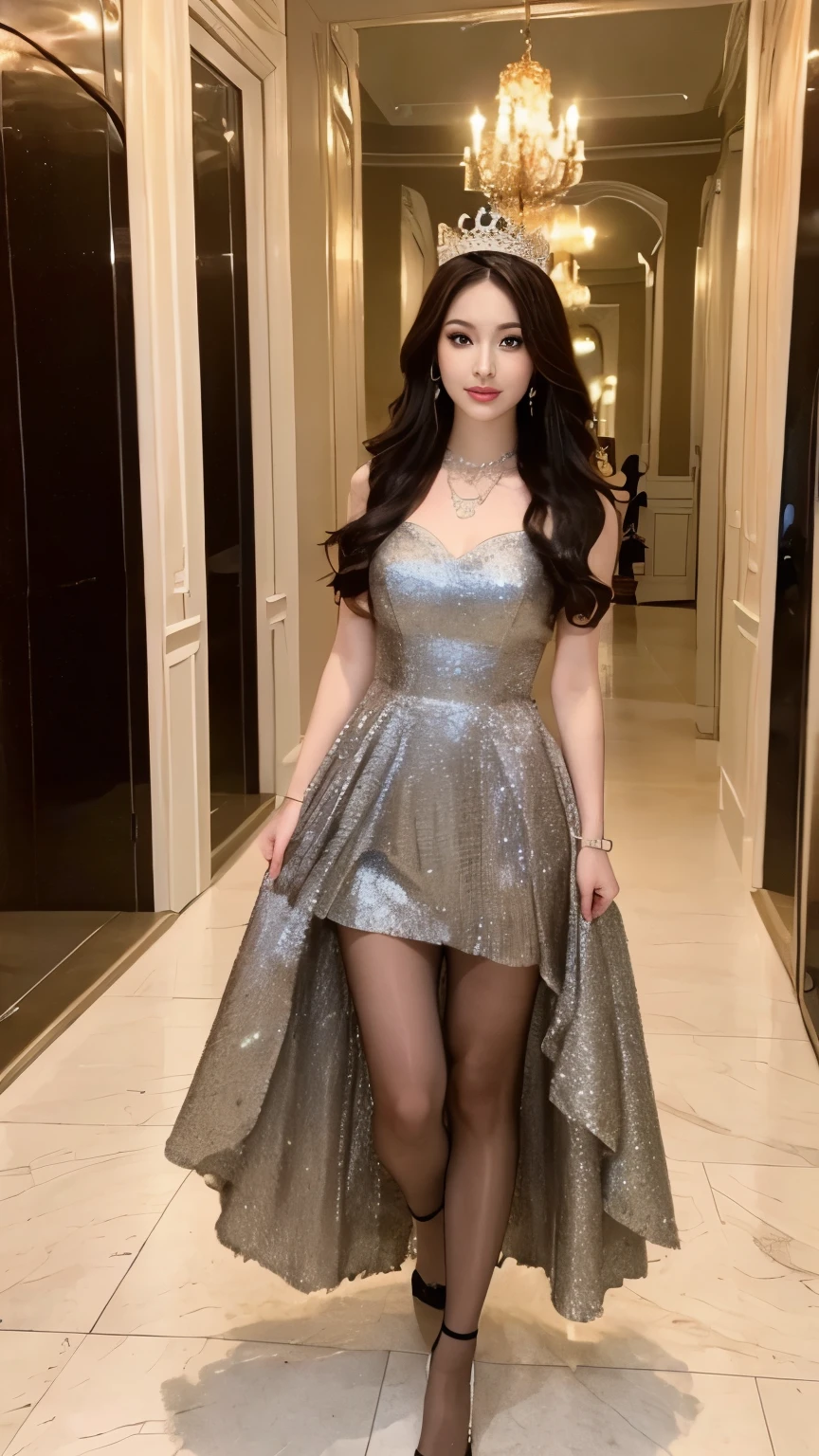 royal princess、(highest quality、masterpiece、High resolution、8K、UHD)、(1 girl)、delicate face、detailed eyes and face、double eyelid、pretty face、tall and beautiful woman、thin and long legs、Bewitching and beautiful woman、Luxurious long dress in random colors、highly detailed dress、(shiny pantyhose)、high heels、sunlight is shining、corridor outside the royal palace、detailed background、come walking、full body shot、tiara、luxury necklace、earrings、bracelet
