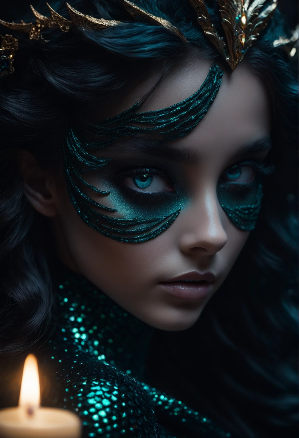 (dark magic), (grim), mermaid, masterpiece, best quality, (intricate details), dreamy, perfect eyes, dark pupils, magnificent, ethereal, volumetric lighting, lightroom, ((cinematic)), raytracing, subsurface scattering, face focus,