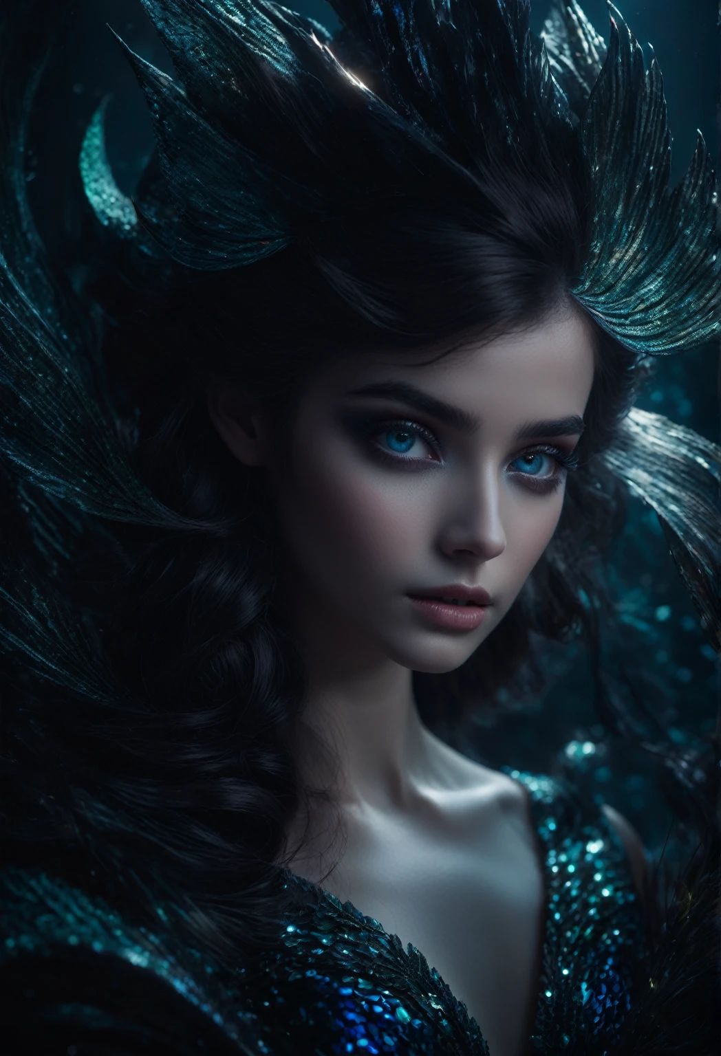 (dark magic), (grim), mermaid, masterpiece, best quality, (intricate details), dreamy, perfect eyes, dark pupils, magnificent, ethereal, volumetric lighting, lightroom, ((cinematic)), raytracing, subsurface scattering, face focus,