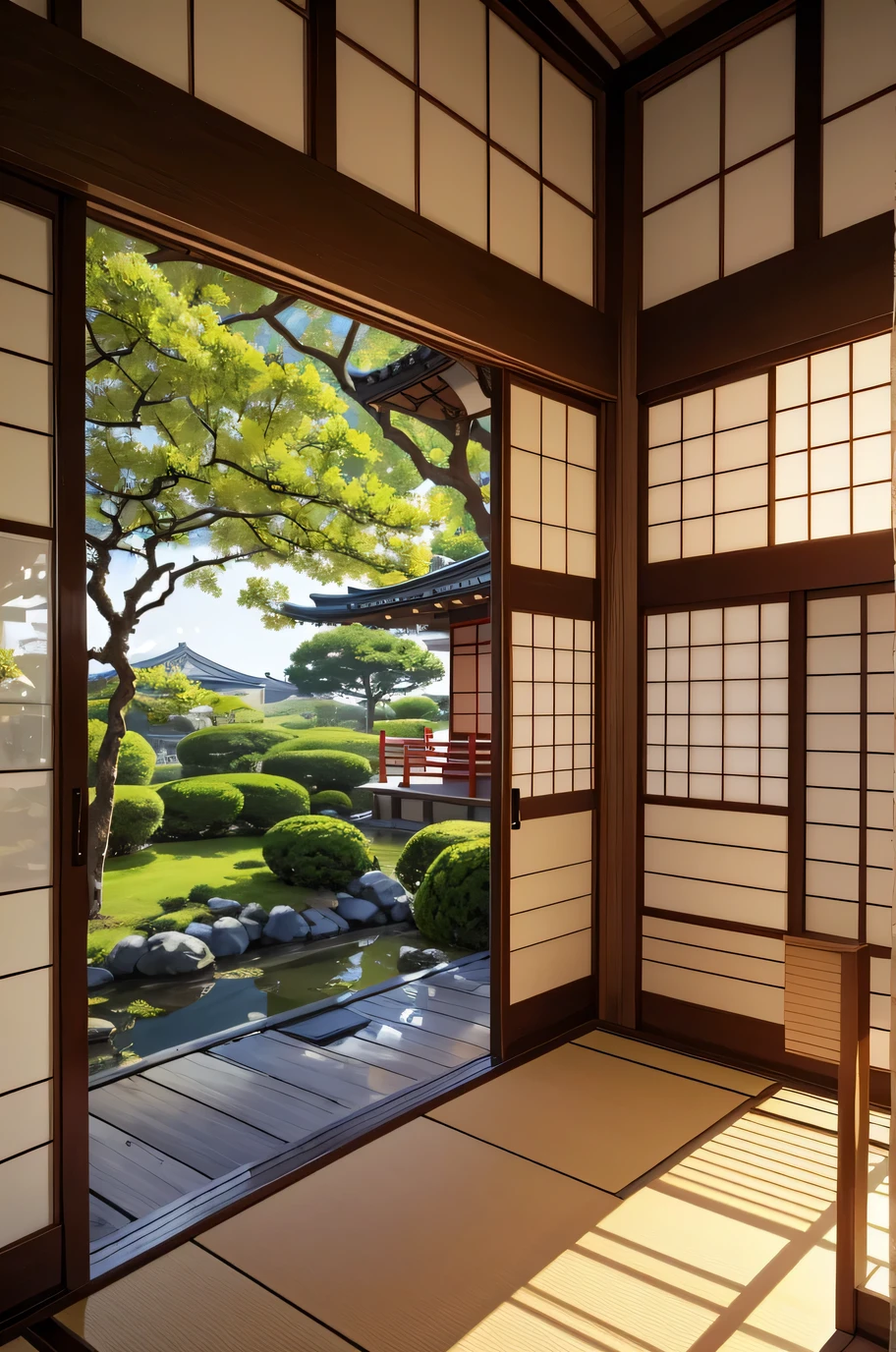 a traditional japanese house background without anyone, view from the ground from inside, there is a window on the right side and a big tree with a beautiful garden
