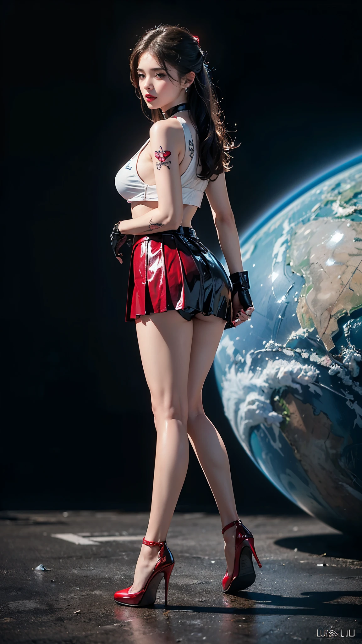((masterpiece:1.4)、(highest quality:1.4)、(Realistic:1.7))、Masterpiece:1.4、(Top-notch rendering:1.4)、(Female SWAT member of the Space Federation's 73rd Division:1.4)、Super Beauty捜査官、(By Luis Royo:1.4)、(Ready your gun?:1.2)、Body Fit Sexy Uniform、(Shiny luxury latex:1.4)、(Navy blue sleeveless uniform jacket)、(Underwear White Sexy Super Ultra Bikini)、(Luxury Red Latex:1.4)、(red pleated mini skirt:1.4)、22 years old、(Cute Tattoos:1.4)、(Wearing white gloves)、Cute Girl、Super Beauty、Sharp Focus、Portrait Photography:1.4、8k、Photorealistic images:1.4、(Perfect female body:1.4)、Perfect proportions、(Full body photography:1.4)、Beautiful Face、Fearless look、Beautiful Eyes、(Narrow waist:1.4)、(9-body proportions beautiful girl:1.4)、(A beautiful girl with long legs and a good figure:1.4)、Beautiful feet:1.2、(Long Hair:1.2)、Beautiful breasts、Large Breasts:1.2、sexy ass、(Standing facing forward:1.4)、Raw photo、Red lips、Red high heels:1.4、choker:1.4、necklace:1.4、Earrings:1.4、1 Screen Display:1.4、Beautiful night view of cyberpunk city:1.2