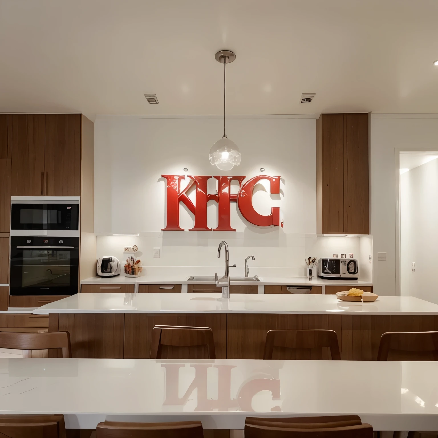Crea una cocina animada tipo picar con paredes blancas , y en la parte superior central un logo de KFC 