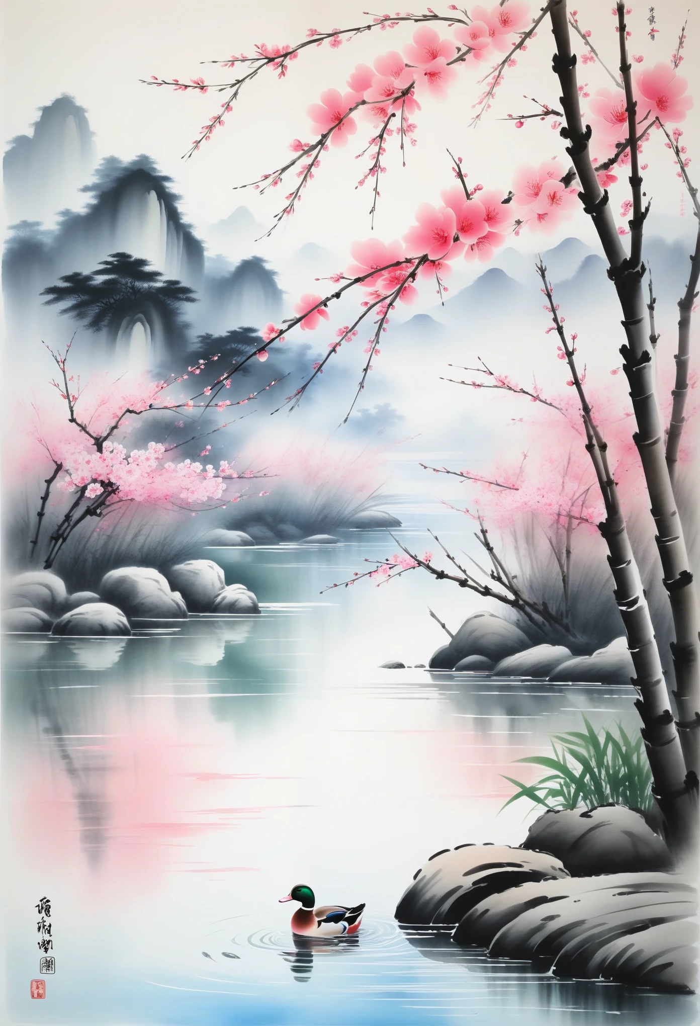 There are some peach blossoms and bamboos in the spring river. The peach blossoms are in full bloom, the graceful pink is swaying at the water's edge, and the water of the Spring River is warm and serene. A smart duck swims in the water, as if it can predict the arrival of spring.
Ink painting style, ink art, masterpieces,