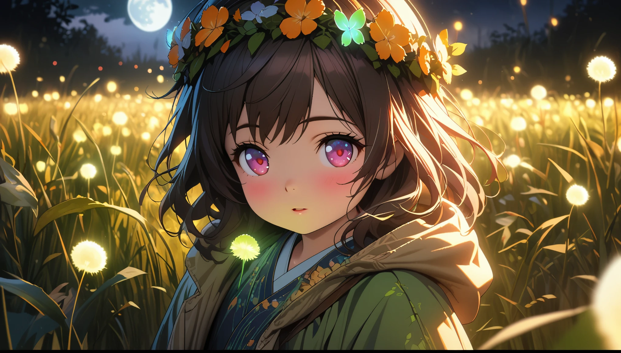 5 year old baby girl，Wearing a garland，grassland，Glowing dandelion，firefly，close up，rich and colorful，night，moon，Japanese manga artist Tsukasa Hojo&#39;style，depth of field，Overclocked renderer，movie lighting，Ultra-fine，super detailed，CG art，