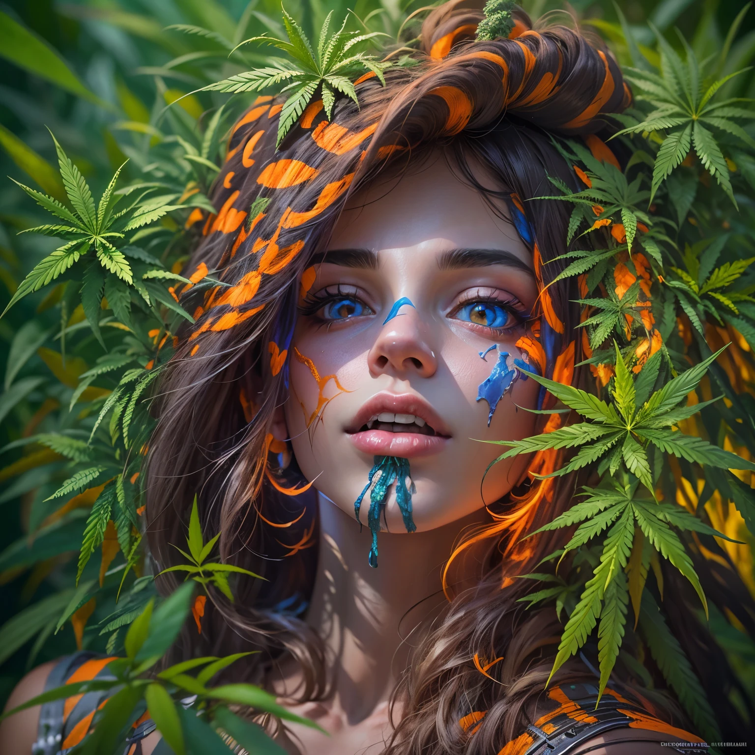 colorhalf00d,, overhead angle of a Woman, Cannabis Dryad oval Cannabis border