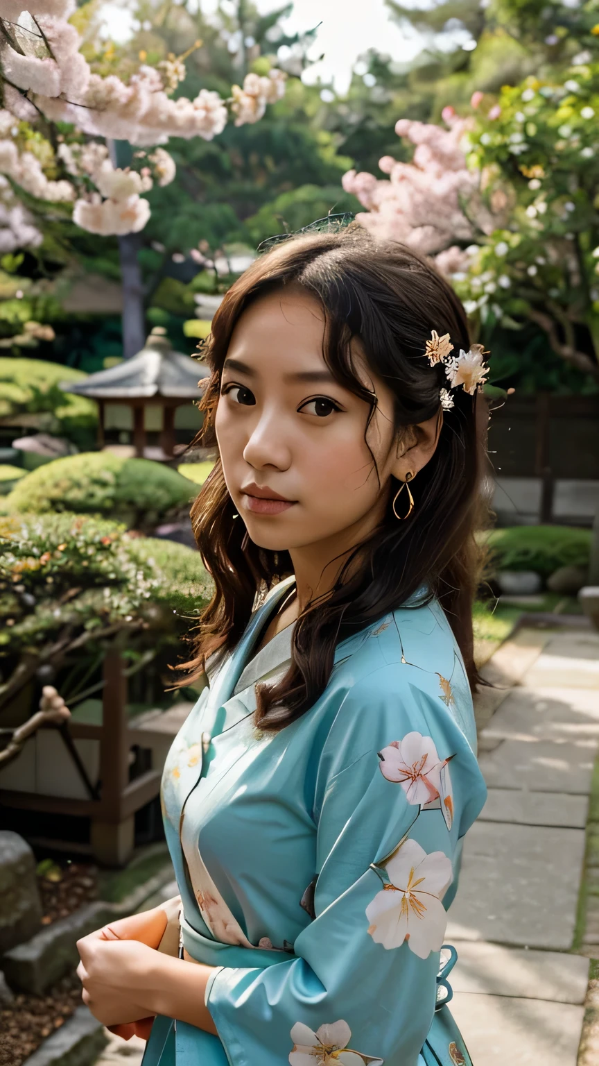 Create an Instagram profile photo for Miyako Luz, a 20 year old Japanese-Brazilian influencer. The setting is a tranquil Japanese garden during golden hour, with a traditional Torii gate and cherry blossoms in the background, symbolizing her role as a cultural bridge. She wears a modern Yukata in vibrant teal, adorned with golden koi fish and maracatu figures, paired with minimalist gold earrings and a cherry blossom hairpin in her voluminous, curly hair styled to frame her face. The photo captures Miyako in a candid, reflective moment, looking slightly away from the camera, which utilizes the rule of thirds for composition. The photo is taken with a high-resolution DSLR camera using an 85mm f/1.4 portrait lens for a sharp focus on Miyako against a beautifully blurred garden background. A reflector is employed to bounce the golden light onto her face, ensuring a soft, natural glow without harsh shadows, emphasizing the authentic and introspective vibe of the image. This setup aims to create a profile photo that invites viewers to explore the world through Miyako's eyes, celebrating cultural diversity and storytelling.
