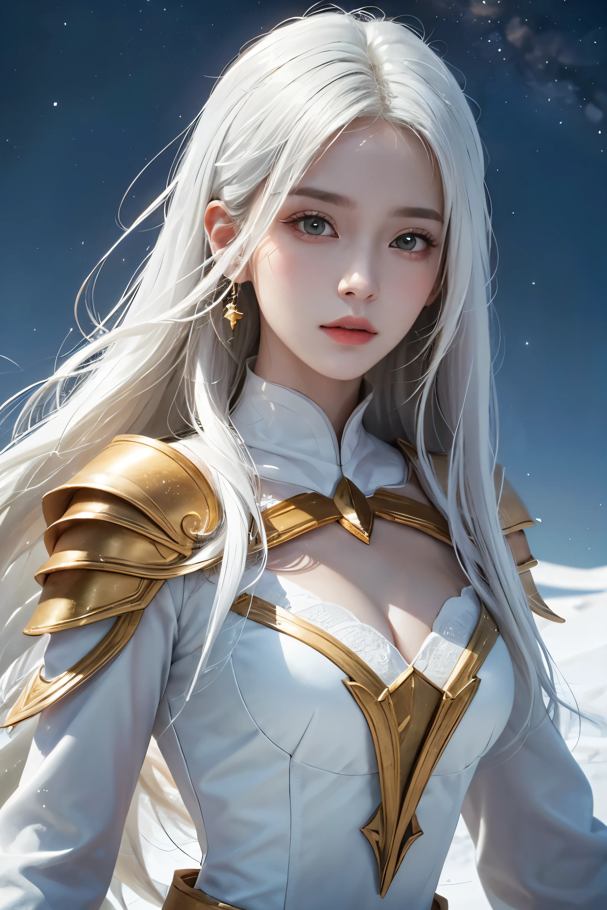 Beautiful woman with，Exuding the aura of fanatical power, Tiantuan, white and gold armor，white long sleeve dress，whole body，long skirt，Take the gold hand，Radiate brilliance，（Fly in the sky，divine light,masterpiece：1.4），（best quality：1.4），（beauty girl，Very rich facial details，white hair， hair loose，luster， Bokeh， Ultra-detailed RAW quality, moon，Milky Way，snow，close up, （Manipulate light），lifelike, High resolution, soft light,1 miss, keen vision, noble and inviolable temperament, (([miss]: 1.2 + [beauty]: 1.2 + Long white hair: 1.2)), Bright Eyes, clear beauty, beauty delicate eyes, Good 8KCG wallpaper, official art， super detailed， masterpiece， best quality，