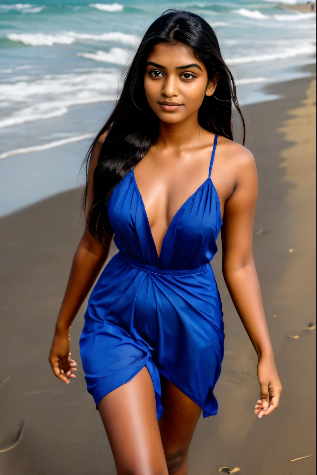 realistic very beautiful sri lankan girl 16 years old, she is walking in a beach. her short gown has going to Stuck  Tightness in private area between thighs