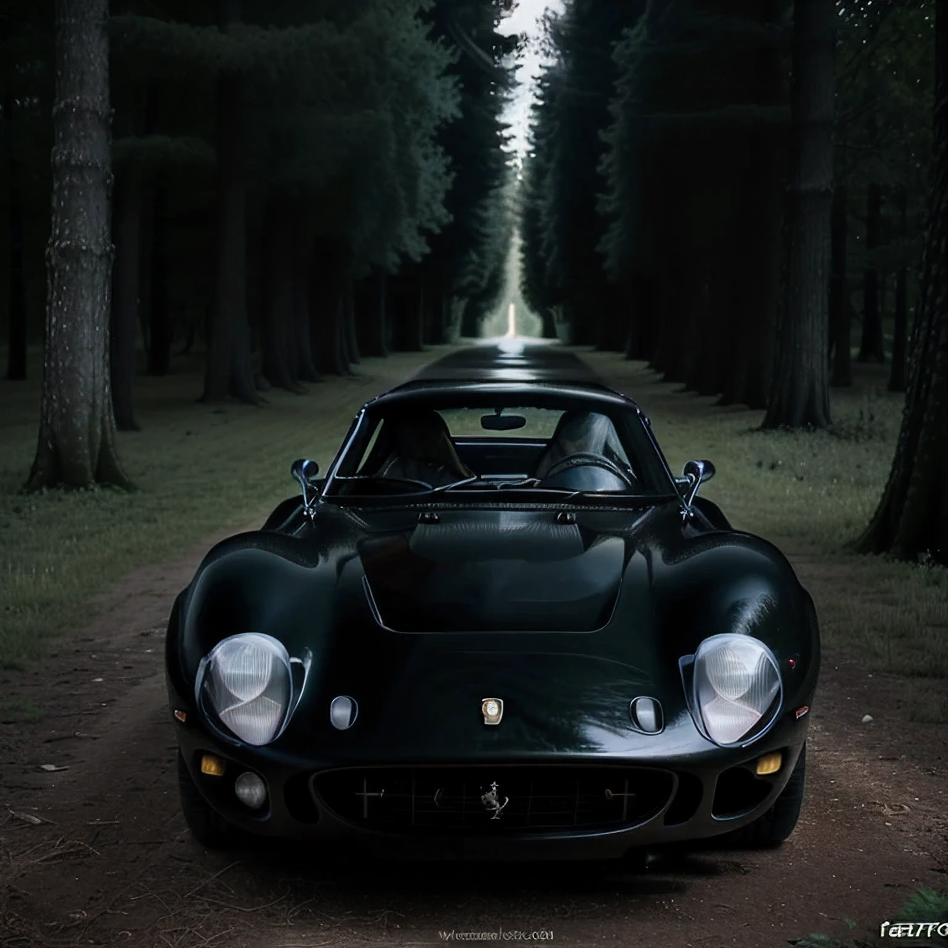 All black ferrari 250 gto 1962 cinematic shoot in the dark forest