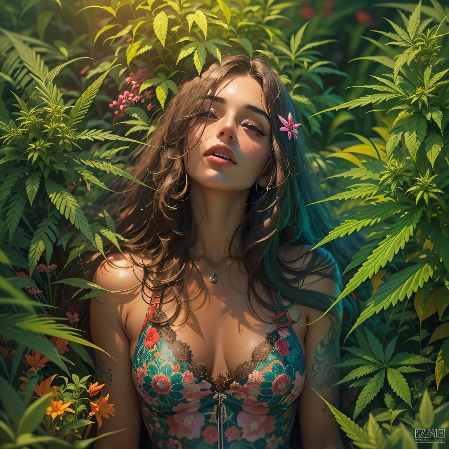 Brown skinned woman , with black hair , Wavy , very big tits , slim body and big buttocks , naked , Behind is a marijuana field , lots of rolls on the floor , she touches her vagina , while smoking a marijuana cigarette 