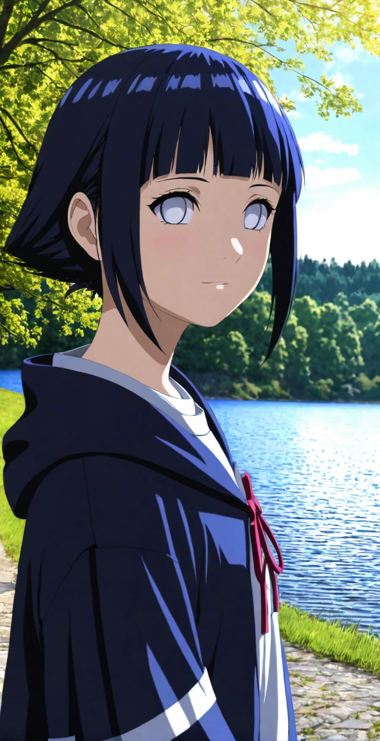 close-up from side, (10 year old Hinata) walk next to lake, [enchanting, surreal, studio lighting, HDR, UHD, K]