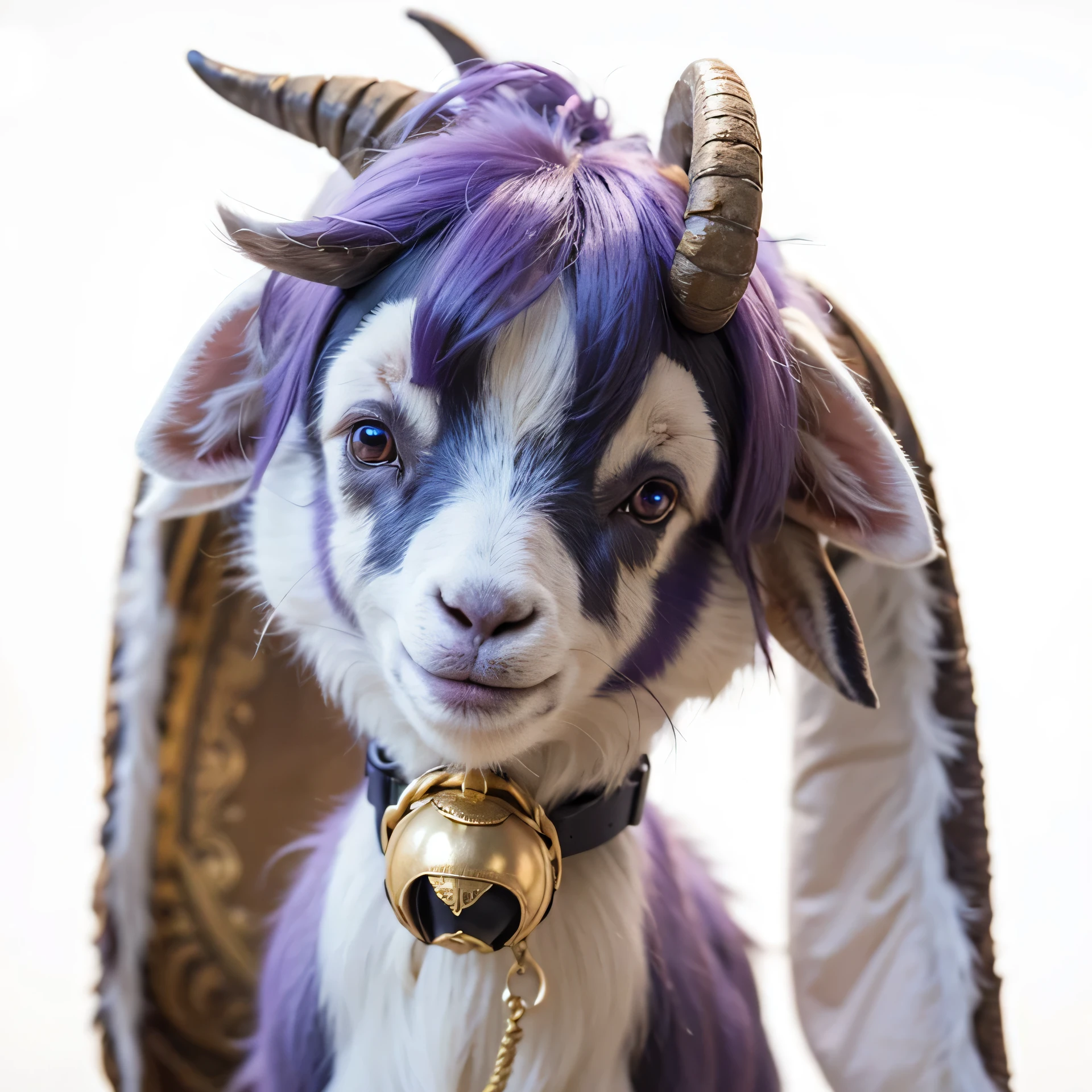Goat with gold bell collar, purple bangs, long ears, big eyes, 2 horns