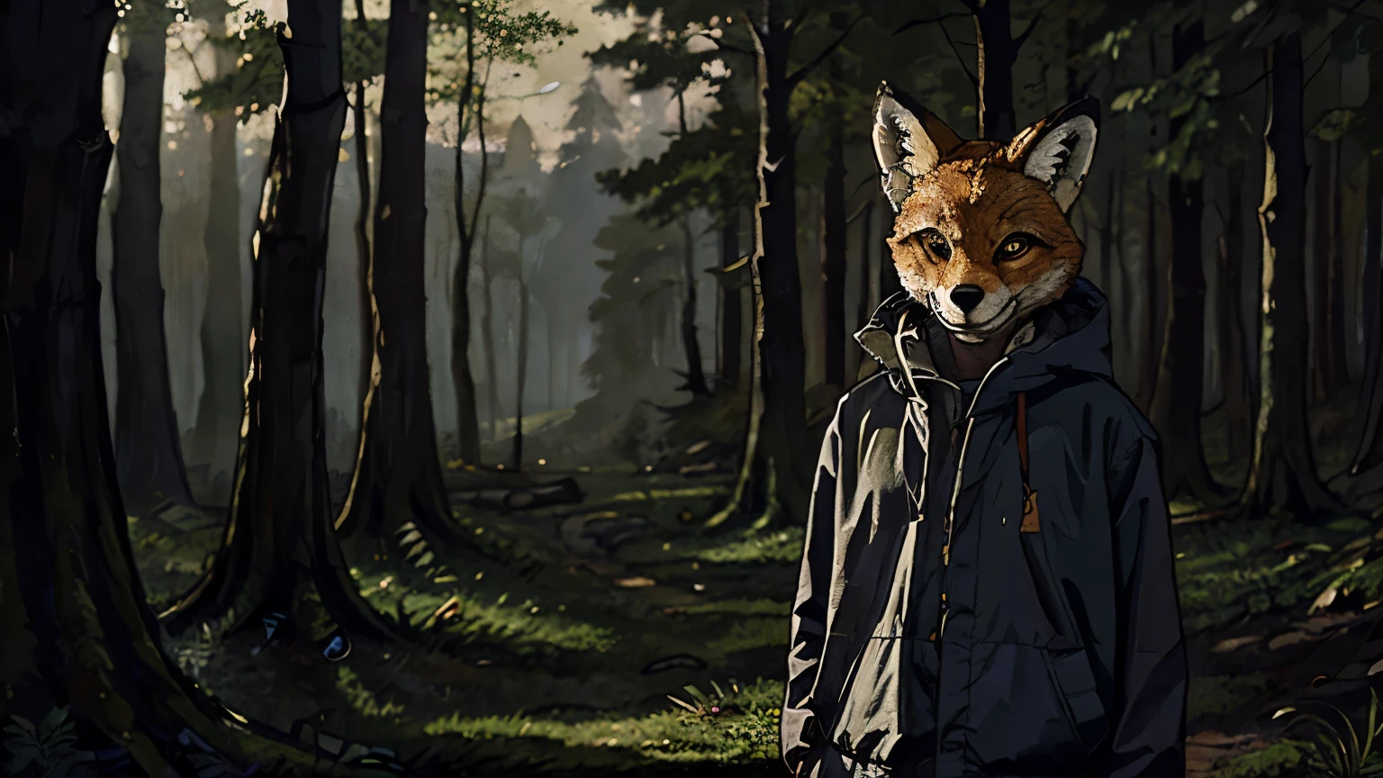 boy in fox mask with old clothes in a darker mood with a forest in the background, com olhos amarelados no escuro.