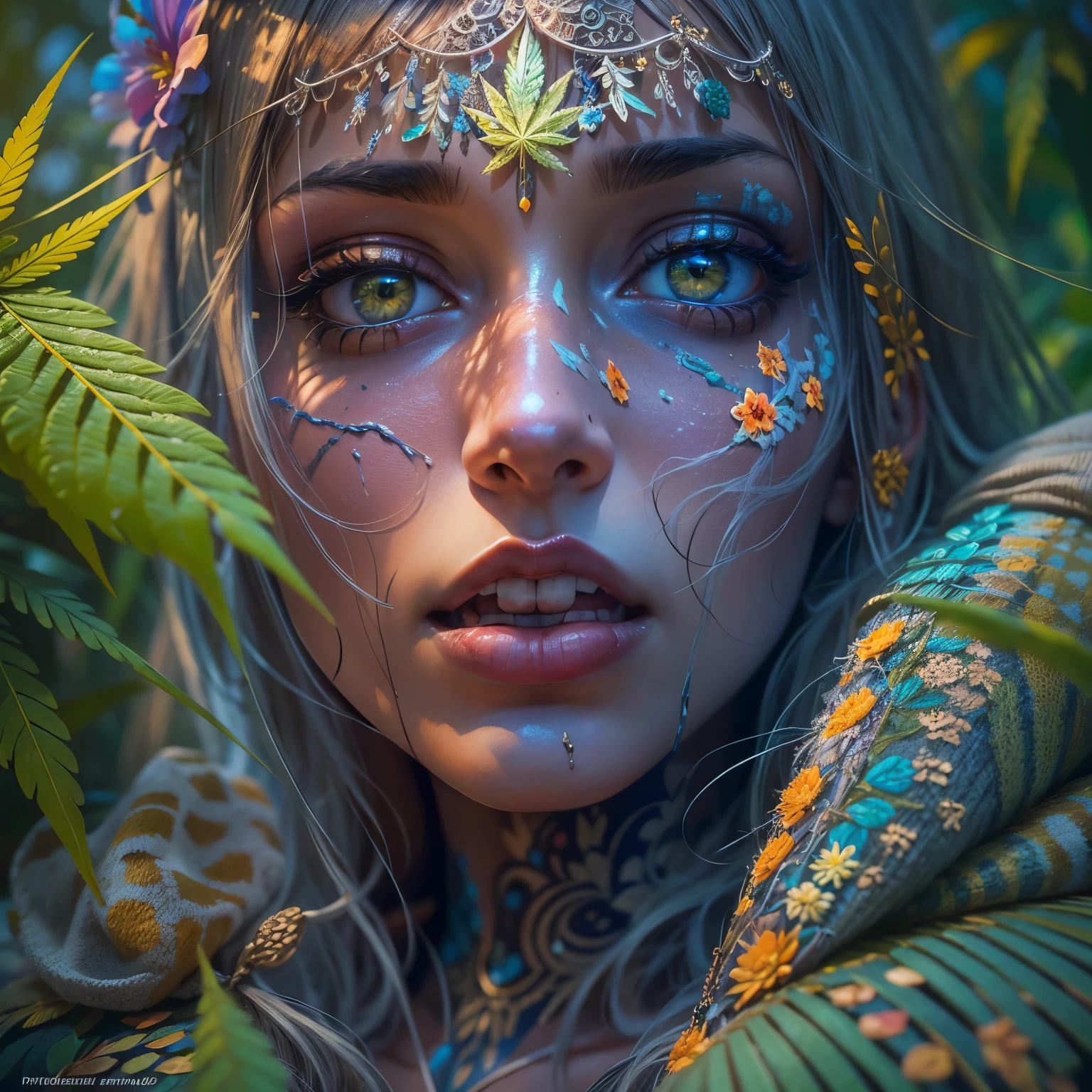 Top quality, masterpiece, super high resolution, ((Photorealistic: 1.4), raw photo, 1 beautiful girl buried in cannabis, ((portrait)), shiny skin, (super realistic details)), Cannabis and cocaine covering limbs, drug education. Beautiful woman with tongue sticking out, ((LSD)), psychedelic background, octane rendering, 8K, super sharp, metal, Intricate psychedelic details, very intricate details, realistic light, facing the camera, psychedelic details,
