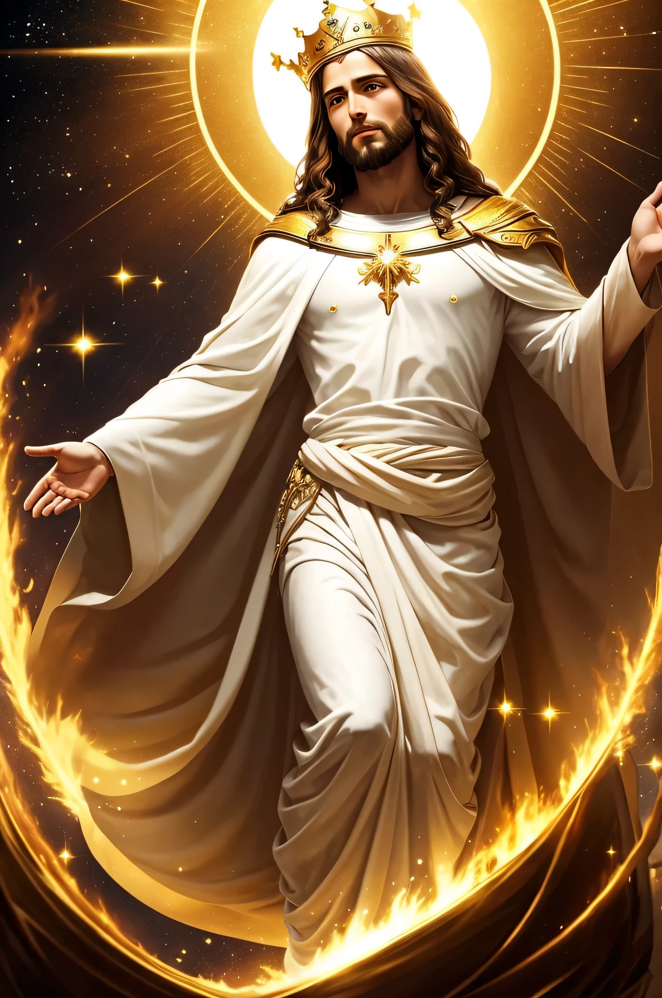 Jesus Christ, descending from heaven shining with glory and power, with a golden crown on his head, white cloak with gold details