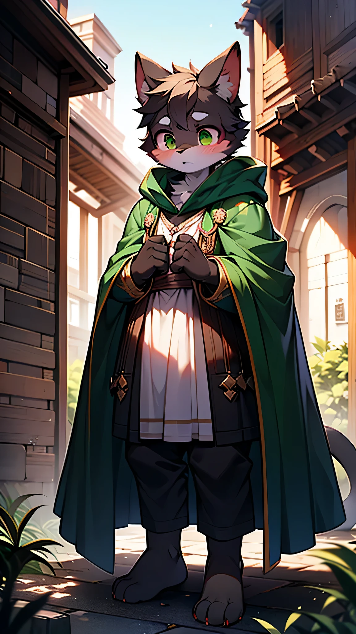 Incredible image quality，Eyes are bright，panoramic，Character Focus Solo，furry male cat，Men&#39;s black fur，green eyes，no hair(Shorter)，There are functional clothes in black and green, Earth Cloak，young style，Height: about 1.6 meters，Lovely，There is a cat tail，Gorgeous light and shadow，introversion，youth，Minor muscles，apocalyptic wilderness，barefoot，Serious expression，pure black cat blush