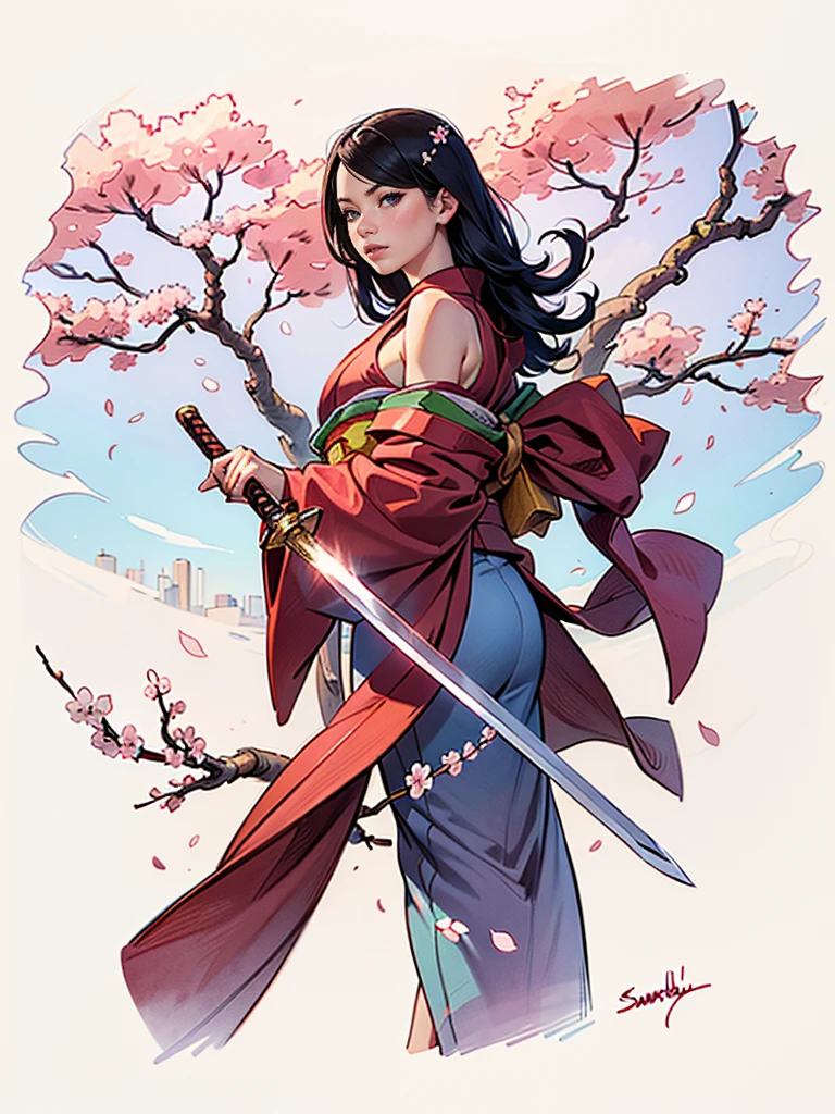 ((a drawing of a woman, kimono, holding a sword, sarashi, cherry trees, cherry blossom, showing her shoulder, urban background, Tokyo))