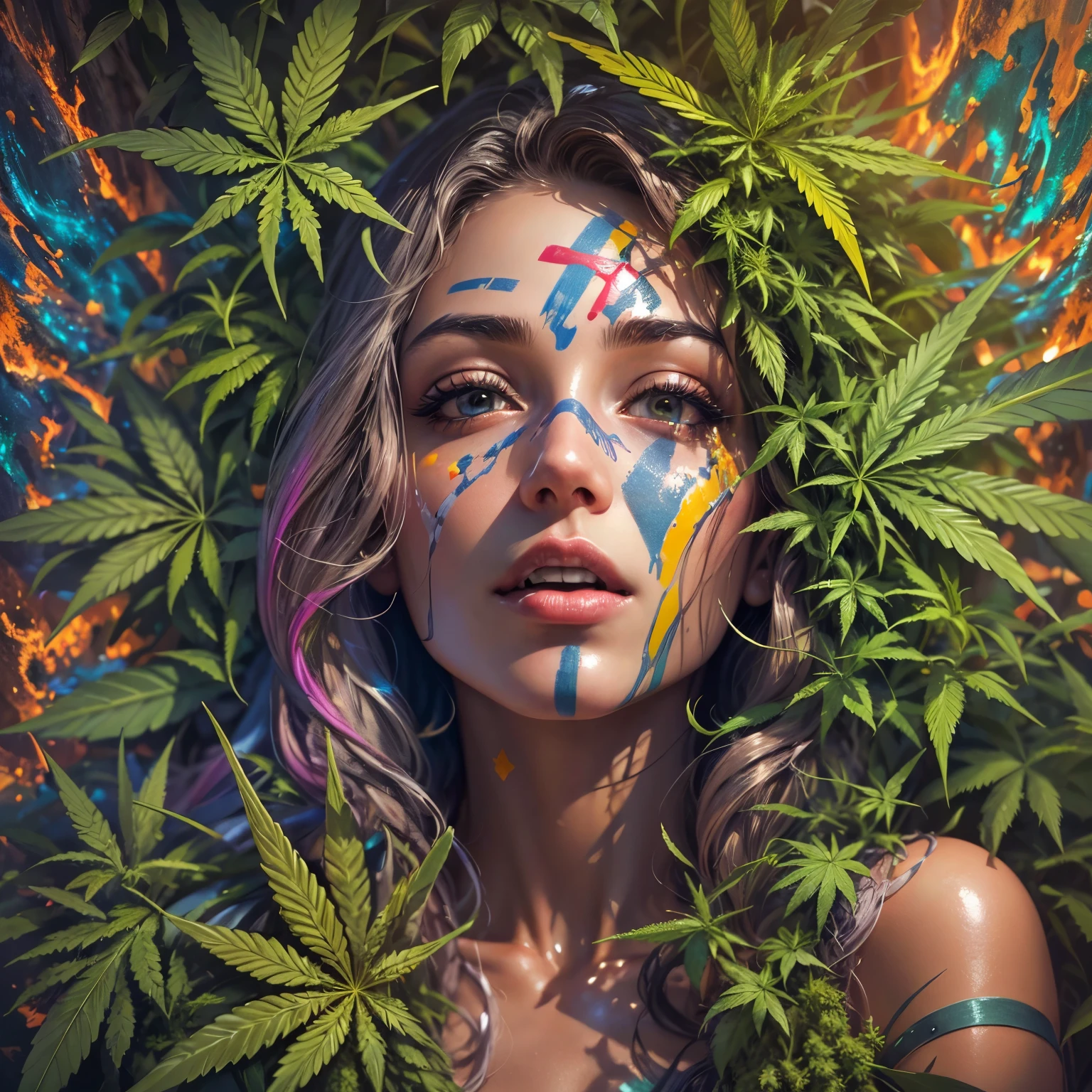 Top quality, masterpiece, super high resolution, ((Photorealistic: 1.4), raw photo, 1 beautiful girl buried in cannabis, ((portrait)), shiny skin, (super realistic details)), Cannabis and cocaine covering limbs, drug education. Beautiful woman with tongue sticking out, ((LSD)), psychedelic background, octane rendering, 8K, super sharp, metal, Intricate psychedelic details, very intricate details, realistic light, facing the camera, psychedelic details,