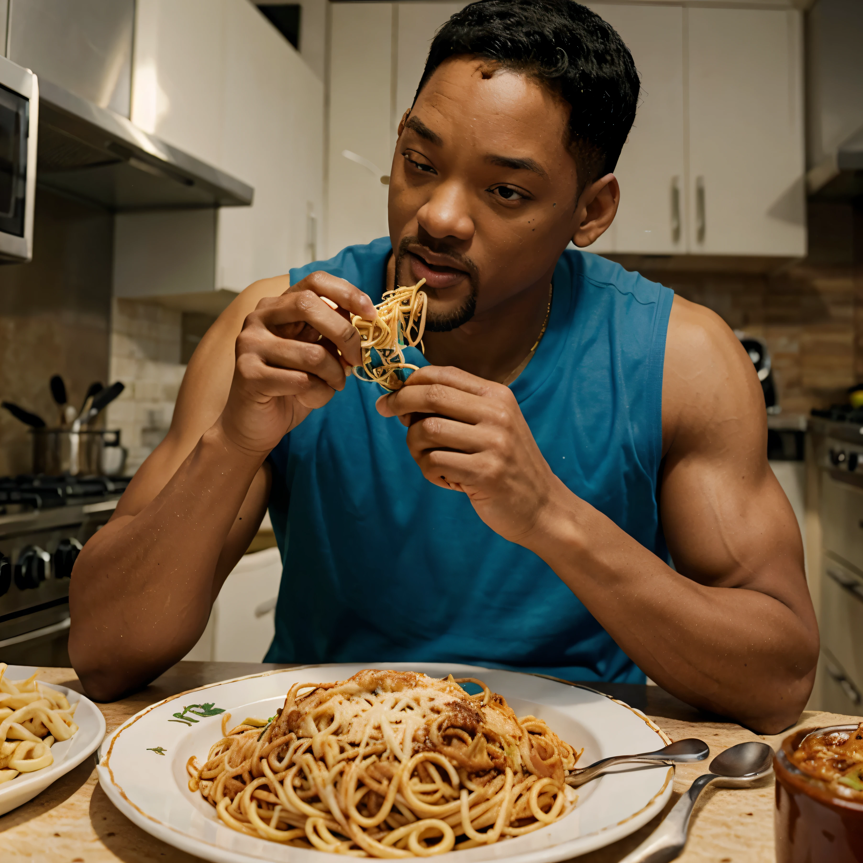 Will smith eating spaguetti, photorealistic 
