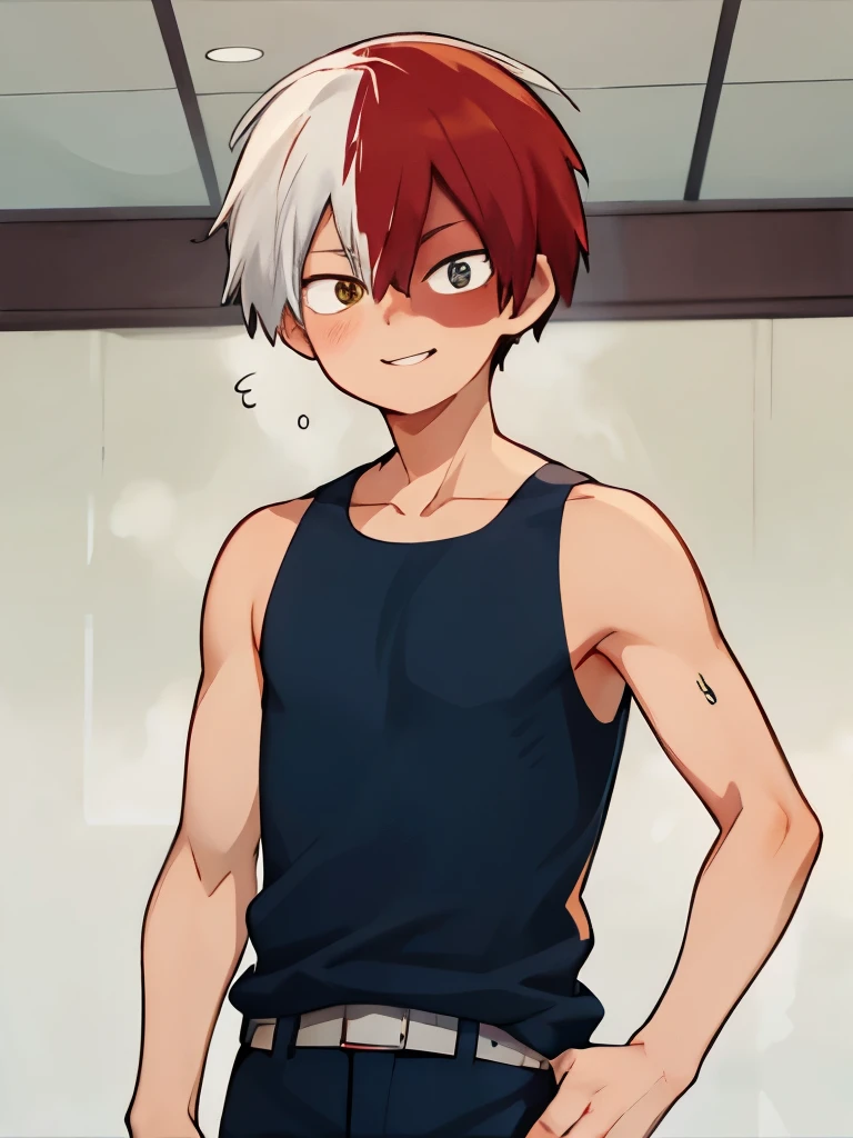 Highres, Masterpiece, Best quality at best,High-quality illustrations, Best Quality,hight quality, horikoshi kouhei, 1boy, Boy, Young boy, Todoroki shouto, bangs, blue eyes, blurry, Blurry background, boku no hero academia, burn scar, closed mouth, Tank top, Slim body, Belt, gugugunogu, heterochromia, multicolored hair, red hair, scar, scar on face, smile, solo, white hair, yellow eyes